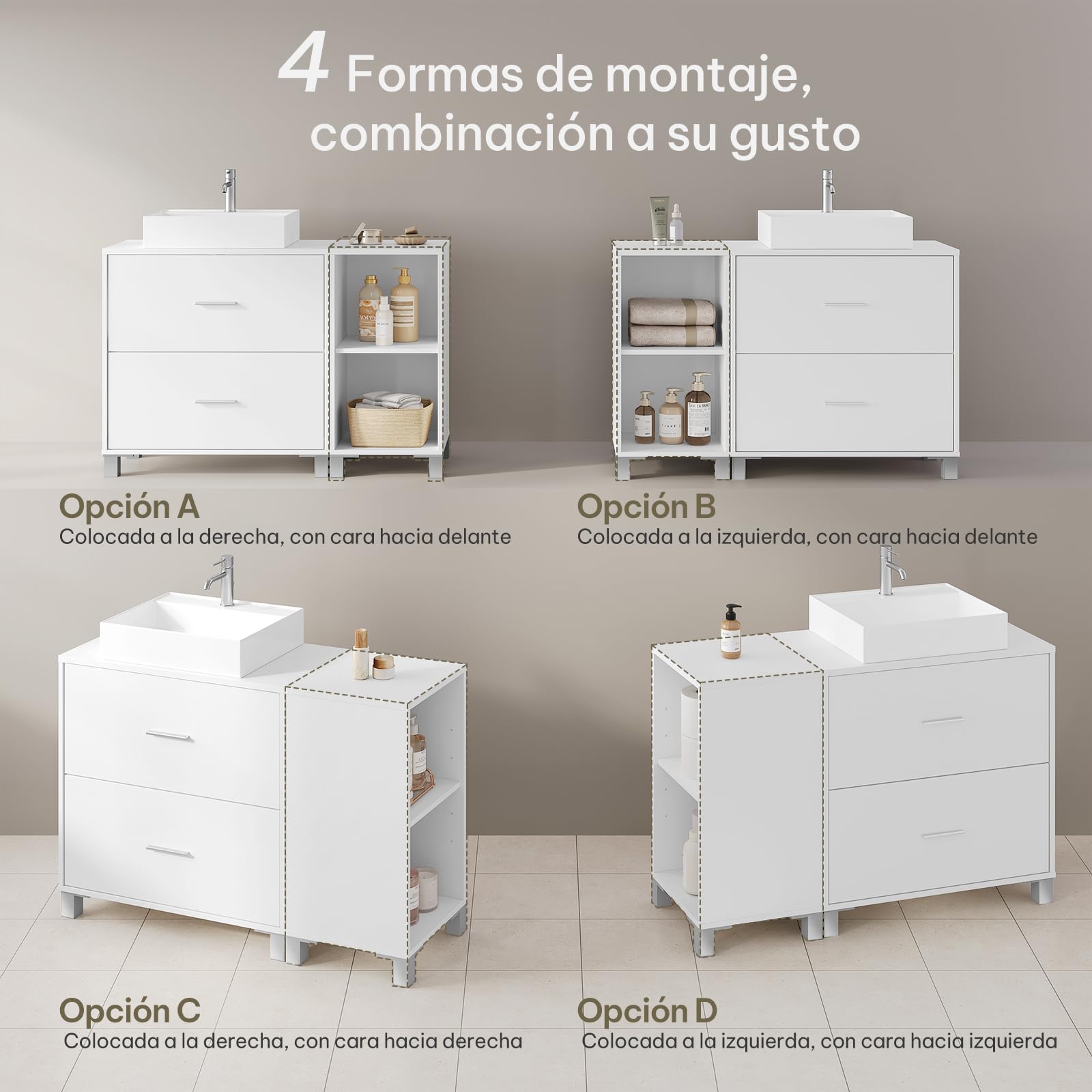 eSituro Armario de Baño de Pie, Mueble Bajo Lavabo con Cajones, Mueble Auxiliar de Baño, Estante Ajustable, Recorte Sifón 14,5 * 20 cm, Blanco