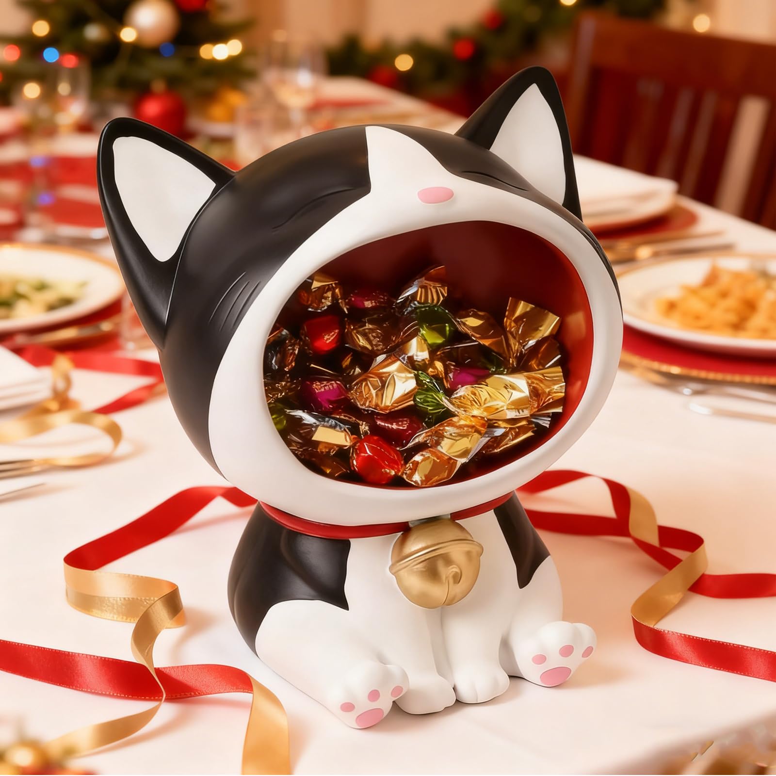 cuenco clave para la mesa de entrada Lucky Cat Statue Candy Dish para la decoración del hogar del arte del escritorio de la oficina (negro)
