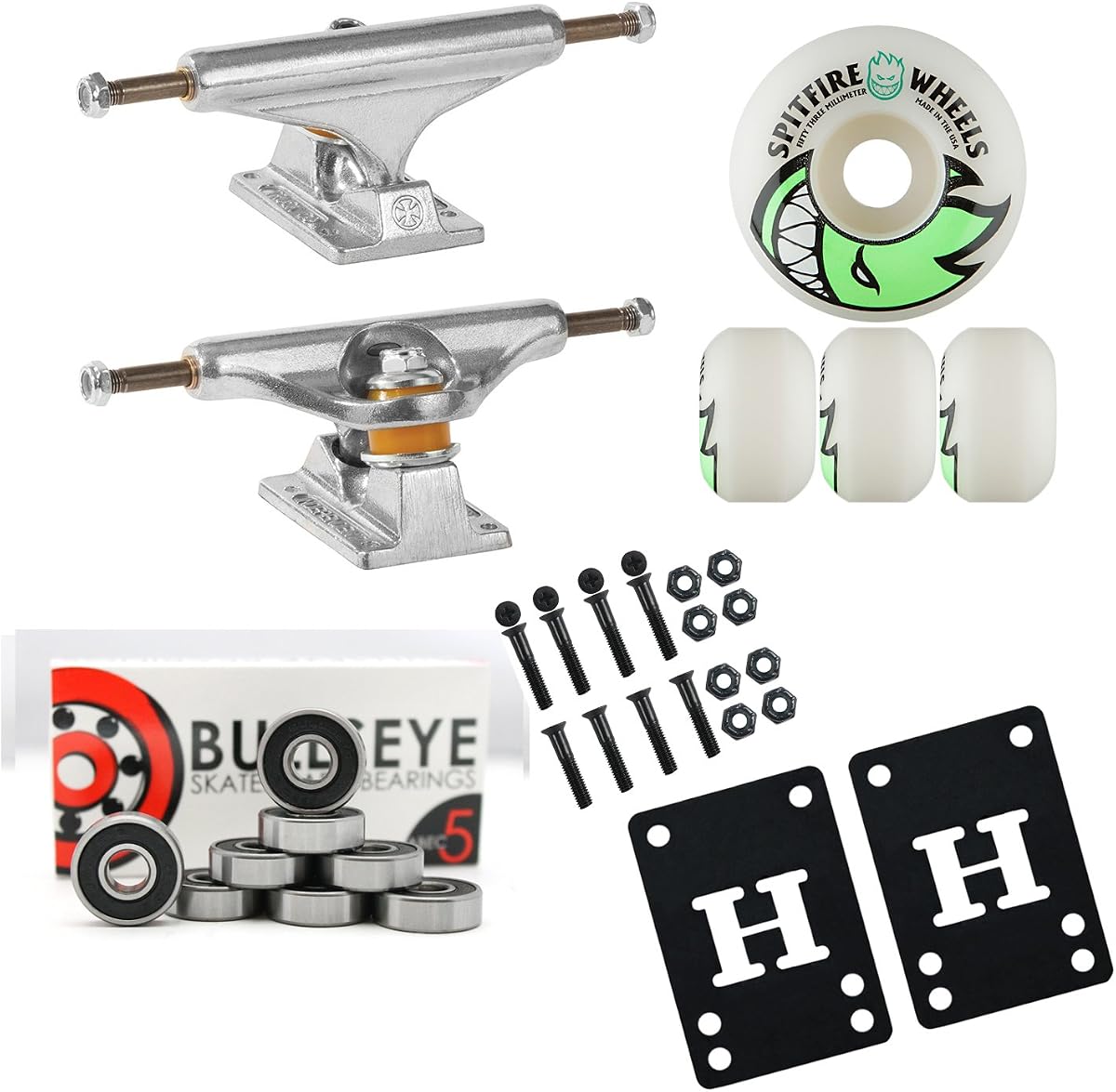 Silver 129mm Truck Package Skateboard Spitfire Wheels 53mm Abec 7 Bearings