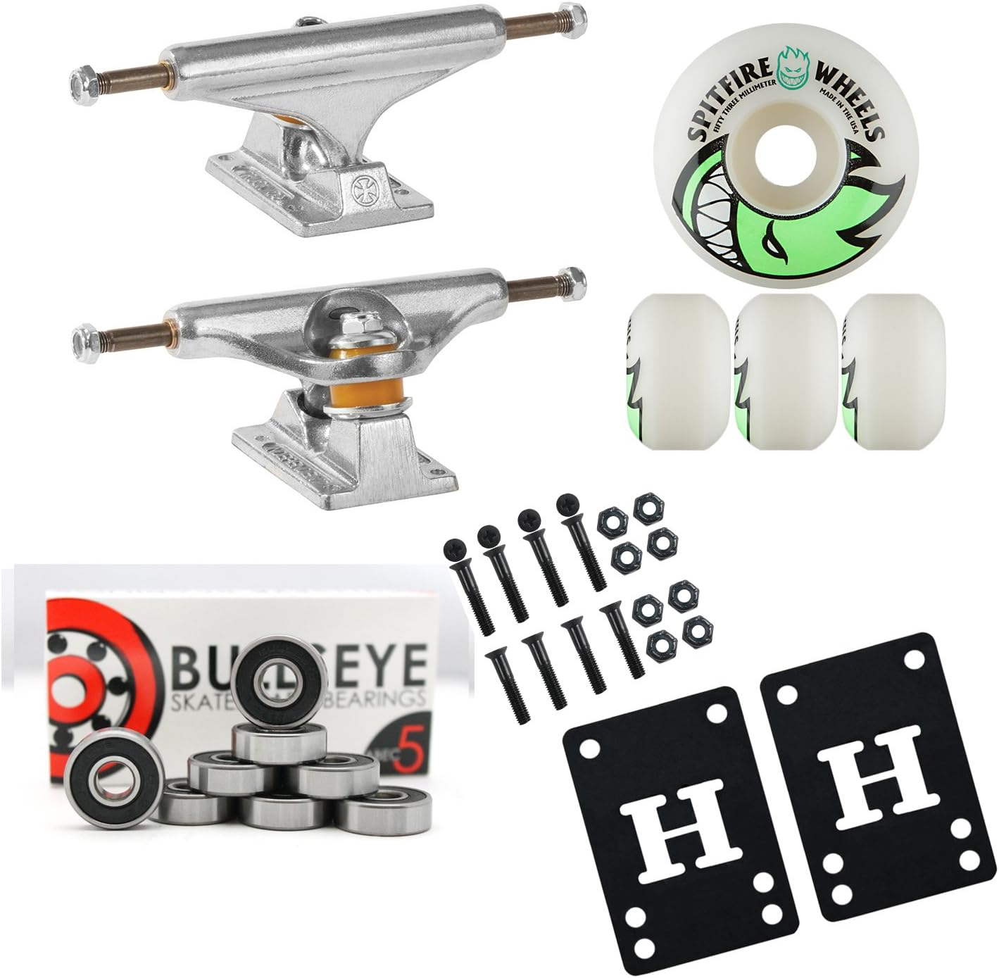Independent Silver 129mm Truck Package Skateboard Spitfire Wheels 53mm Abec 7 Bearings