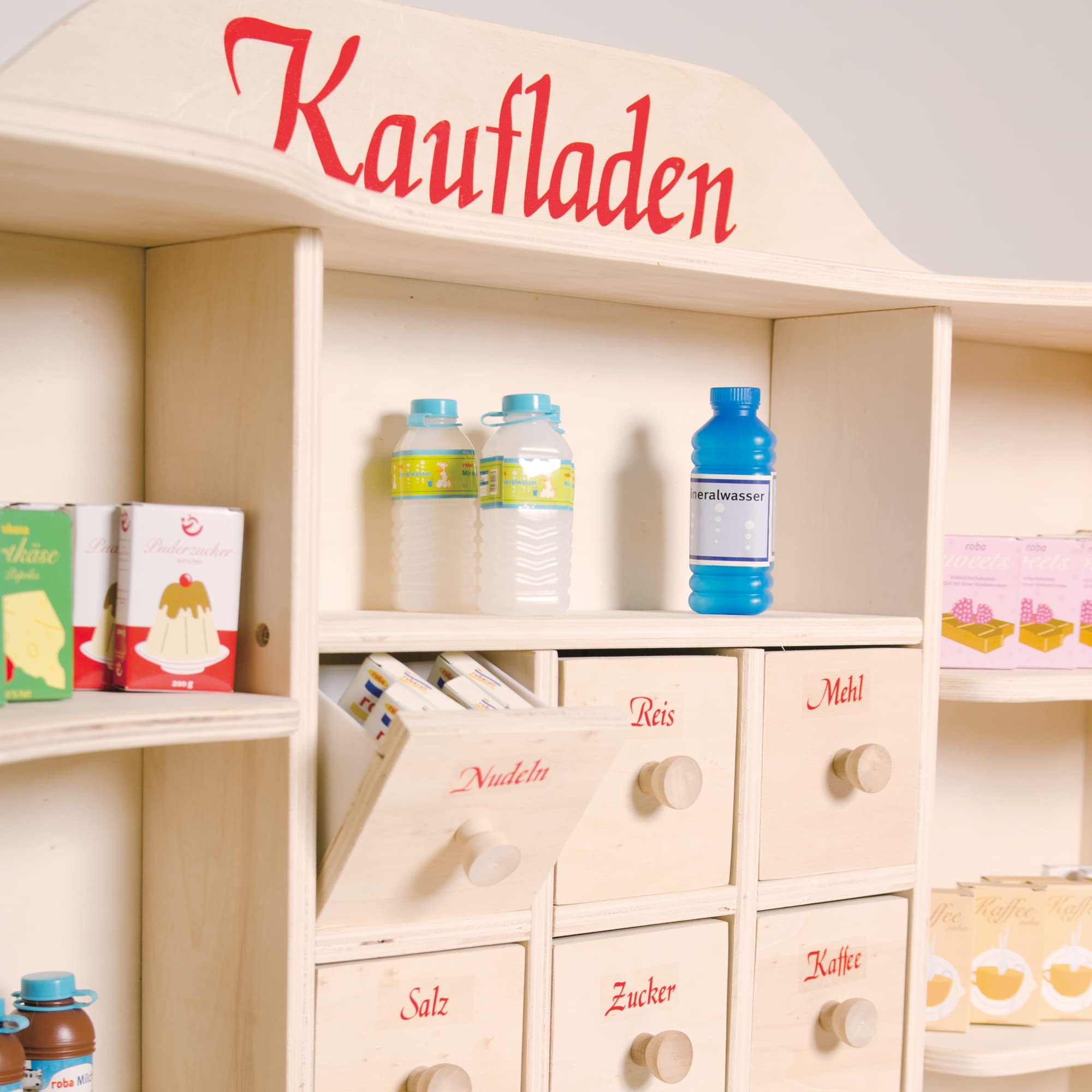 roba Kaufladen, großer Kinder Kaufmannsladen, inkl. Kaufladenzubehör, Holz natur, Verkaufsstand 6 Schubladen, Theke & Seitentheke