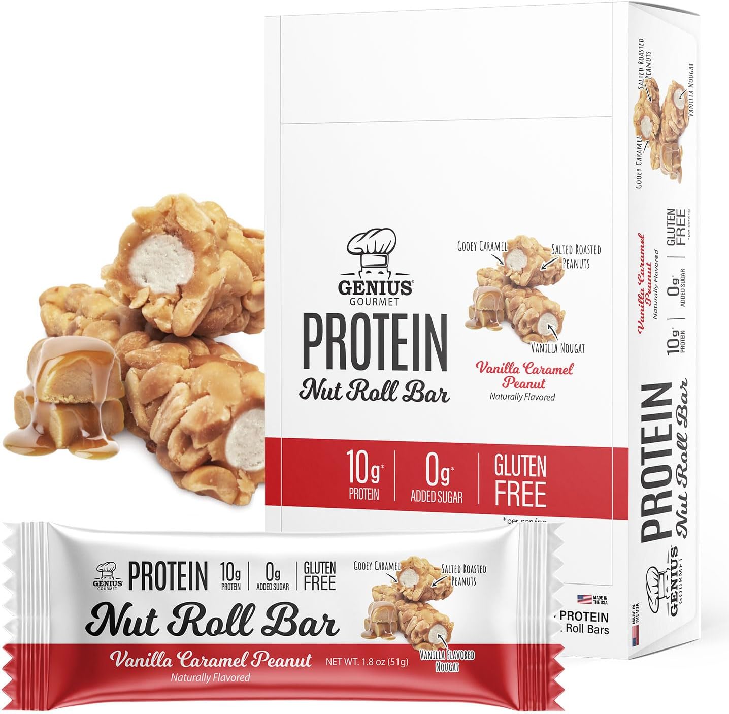 - Nut Roll Bars Vanilla Caramel Peanut – 10g Protien, Zero Added Sugar, Gluten Free, Non-GMO – Sweet Snack & Dessert for Adults and Kids – 10 Ct Box