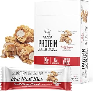 Genius Gourmet Nut Roll Bars Vanilla Caramel Peanut – 10g Protien, Zero Added Sugar, Gluten Free, Non-GMO – Sweet Snack & Dessert for Adults and Kids – 10 Ct Box