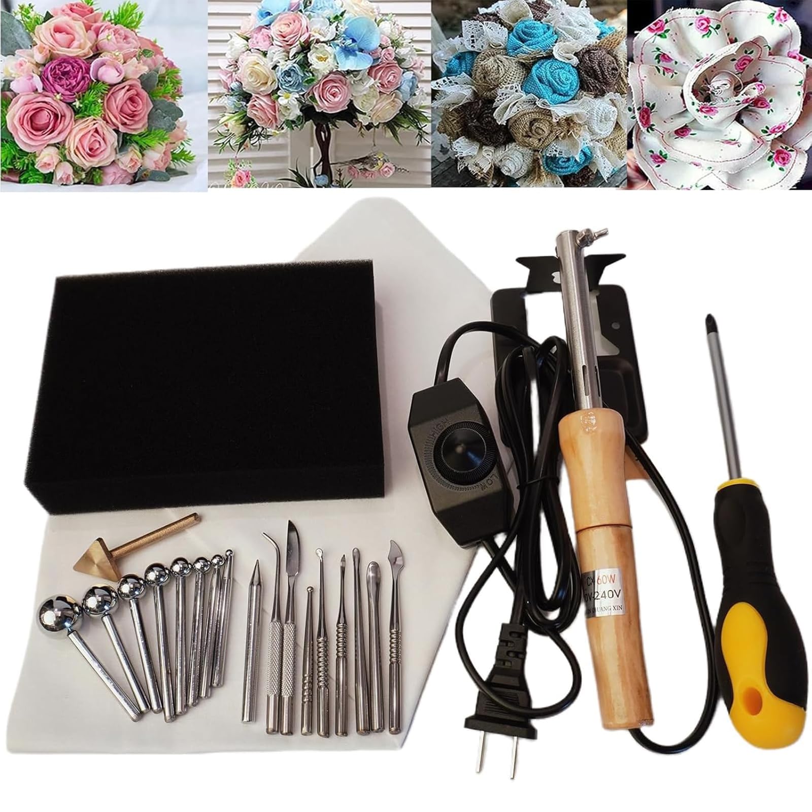COYEUX Elektrischer Stoff-Blumenmacher, Mit 18 Austauschbaren Bügelköpfen, Verstellbarem Temperaturgriff, Für Heimwerkerarbeiten, Haarschmuck Und Heimdekoration