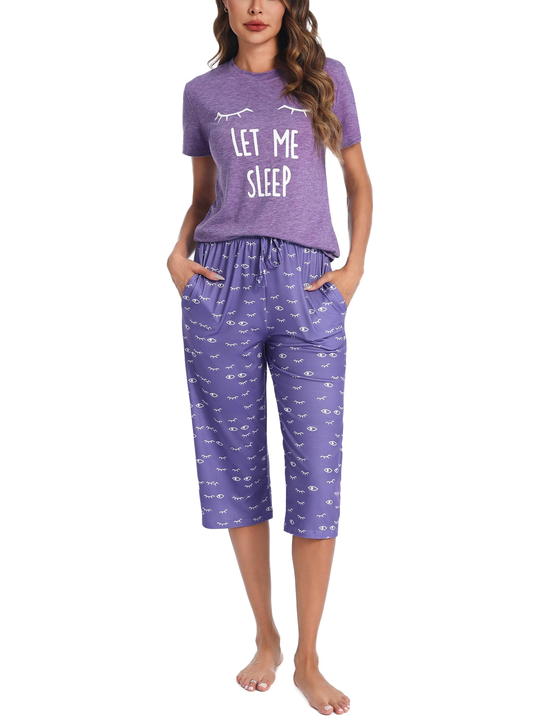 Uniexcosm Pigiama Donna Cotone Estivo Pigiama da Donna Girocollo Set da Donna con Pantaloni Corti Stampati a 3/4