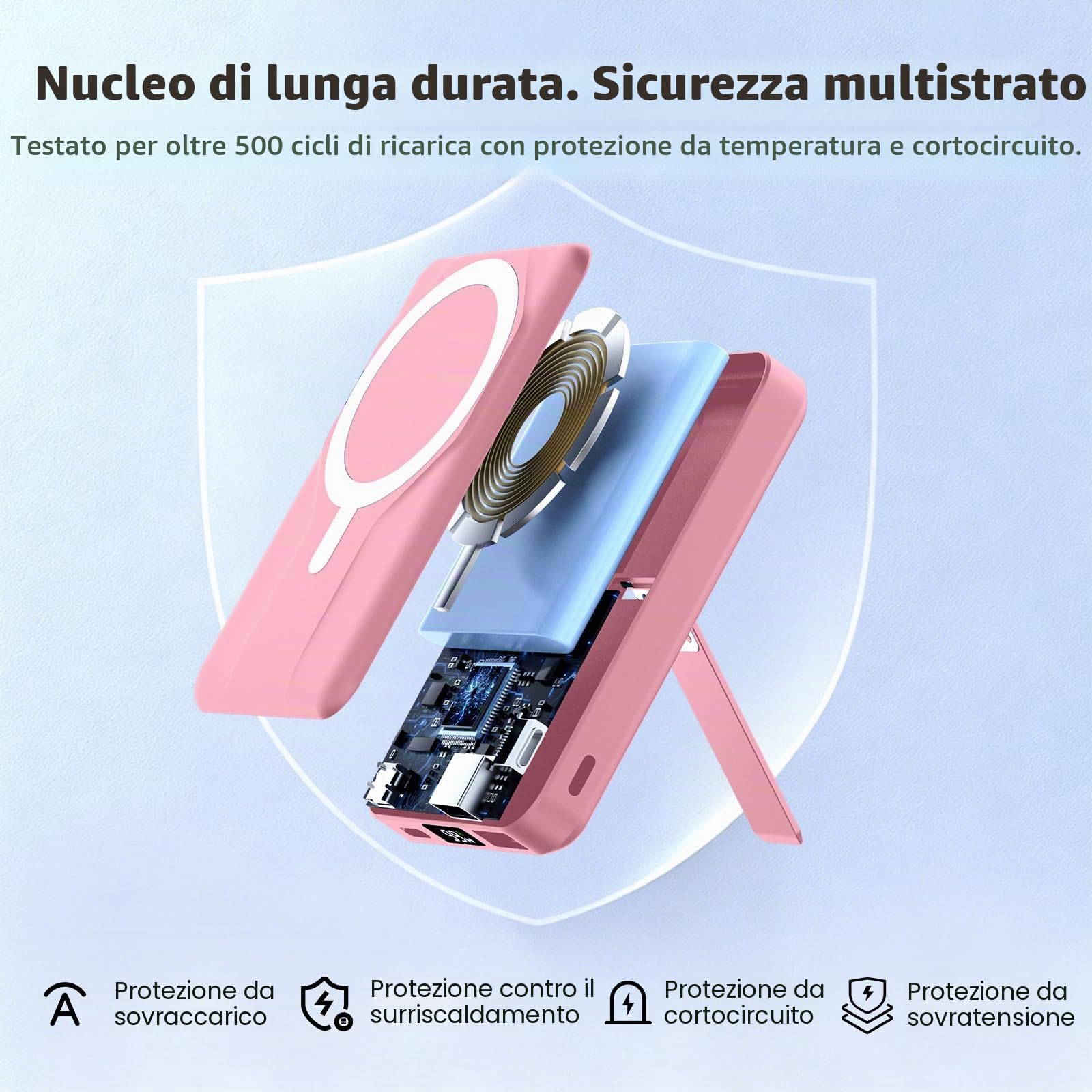 Azmuth per Magsafe Powerbank 10000mAh, Caricatore Portatile Magnetico Wireless 15W con Stand Pieghevole e Display LED USB-C 20W e USB-A 22.5W per iPhone 17/16/15/14/13/12 Pro/Pro Max/Plus Rosa