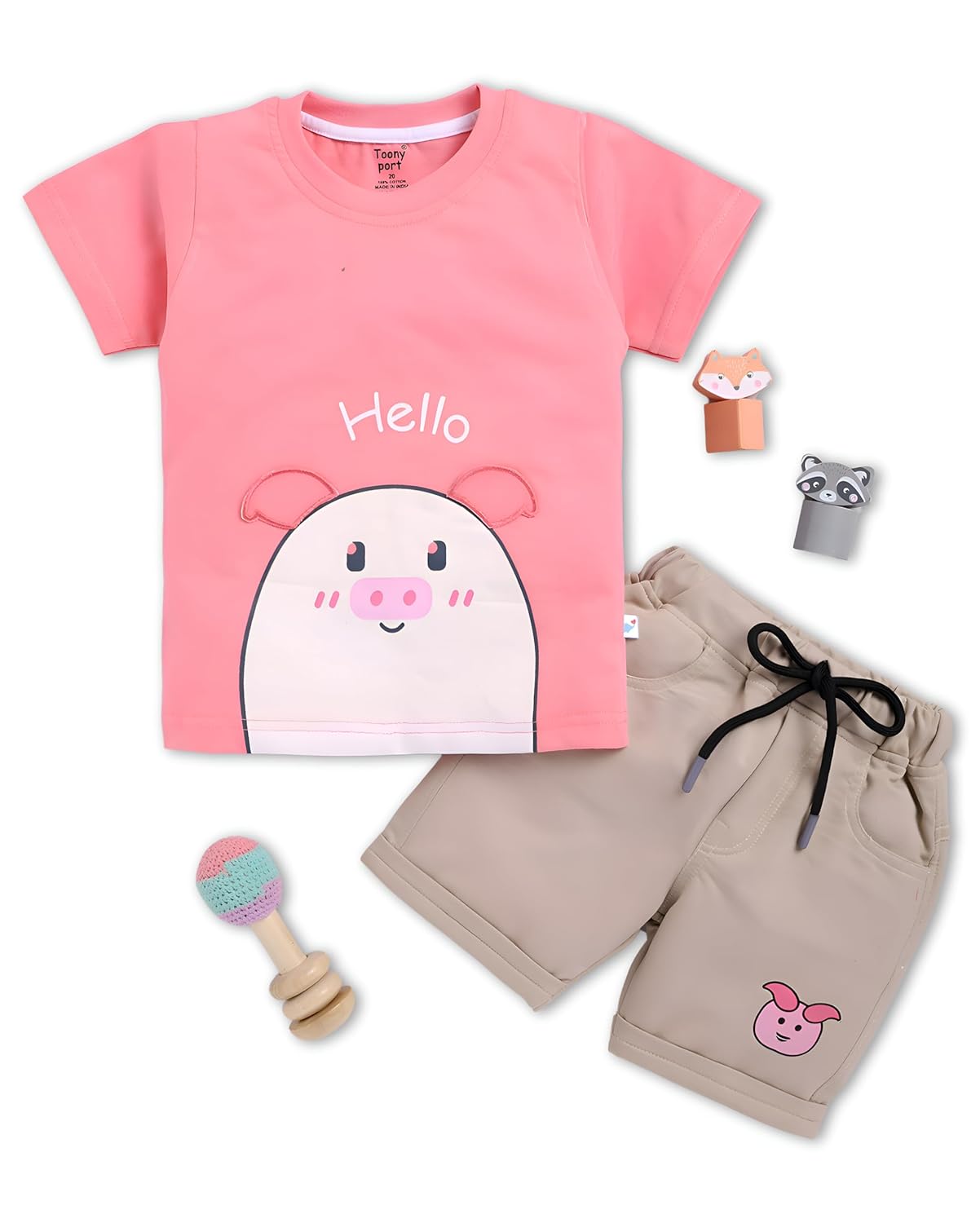 Toonyport Boys Hello Printed Half Sleeve T-Shirt and Shorts Set (Pink)