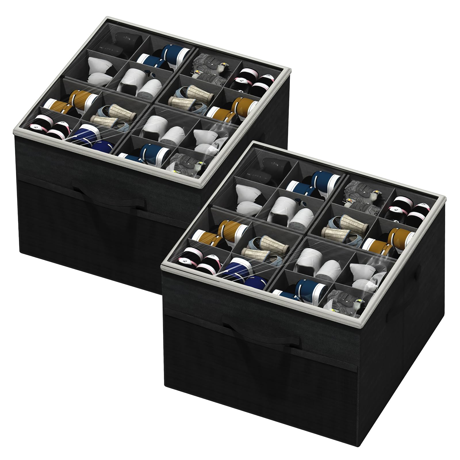 Aokeyee Shoe Organizer for Closet,2 Pack Foldable Shoe Storage Organizer Box Bin with Adjustable Dividers and Clear Cover, Fits up to 16-32 Pairs