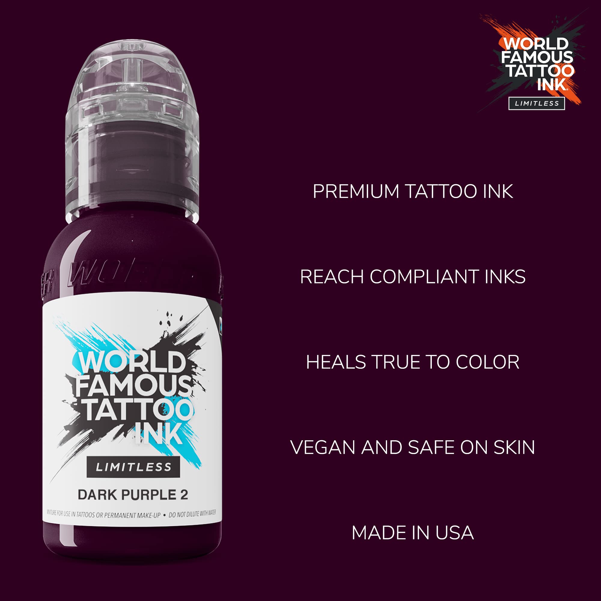 World Famous Tattoo Ink Limitless - Dark Purple 2 - Professional Tattoo Ink & Tattoo Supplies - Skin-Safe Permanent Tattooing in Bold Shades - Vegan & Non-Toxic (1 oz)