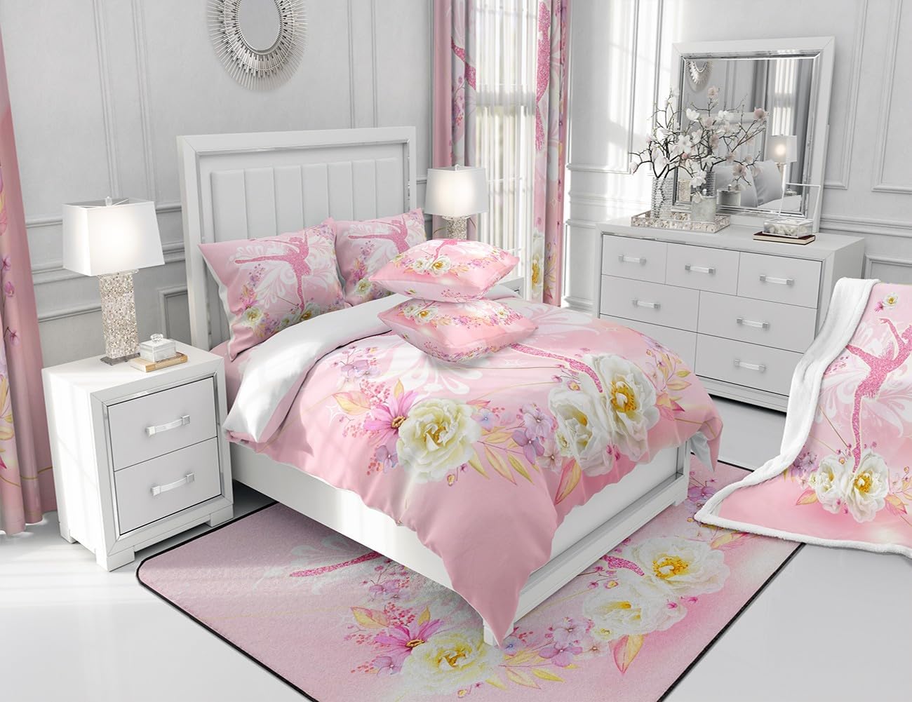 jejeloiu Ballet Area Rug 3x5 Kids Floral Flower Decorative Carpet for Boys Girls Room Romantic Rugs for Living Room Bedroom Non-Slip Pink Glitter Indoor Floor Mat Room Decor Accent Rug (No Glitter