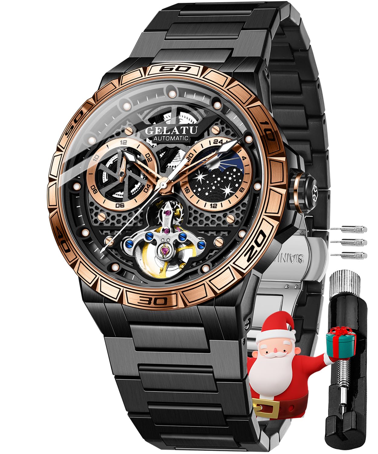 OUPINKEMens Skeleton Watch Automatic Self Winding Mechanical Silver Stainless Steel Moon Phase Luxury Dress Sapphire Crystal Tourbillon Wrist Watch