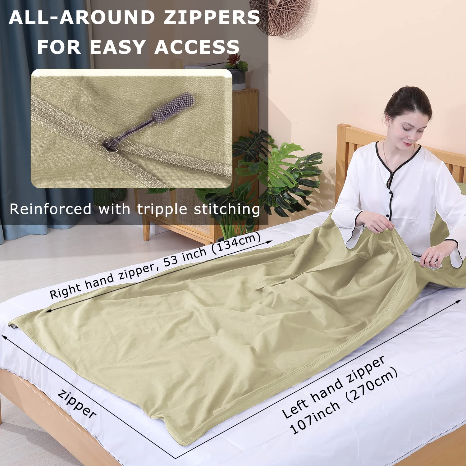 100% Cotton Sleeping Bag Liner - 87x87 Inch Travel Sheet With 3-Side Zipper