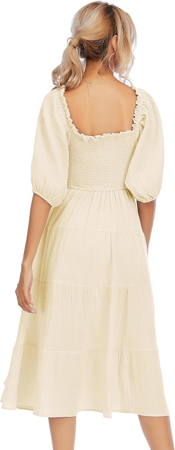 R.Vivimos Women's Summer Cotton Lantern Sleeves Ruffled Off Shoulder A-Line Midi Dresses - Image 4