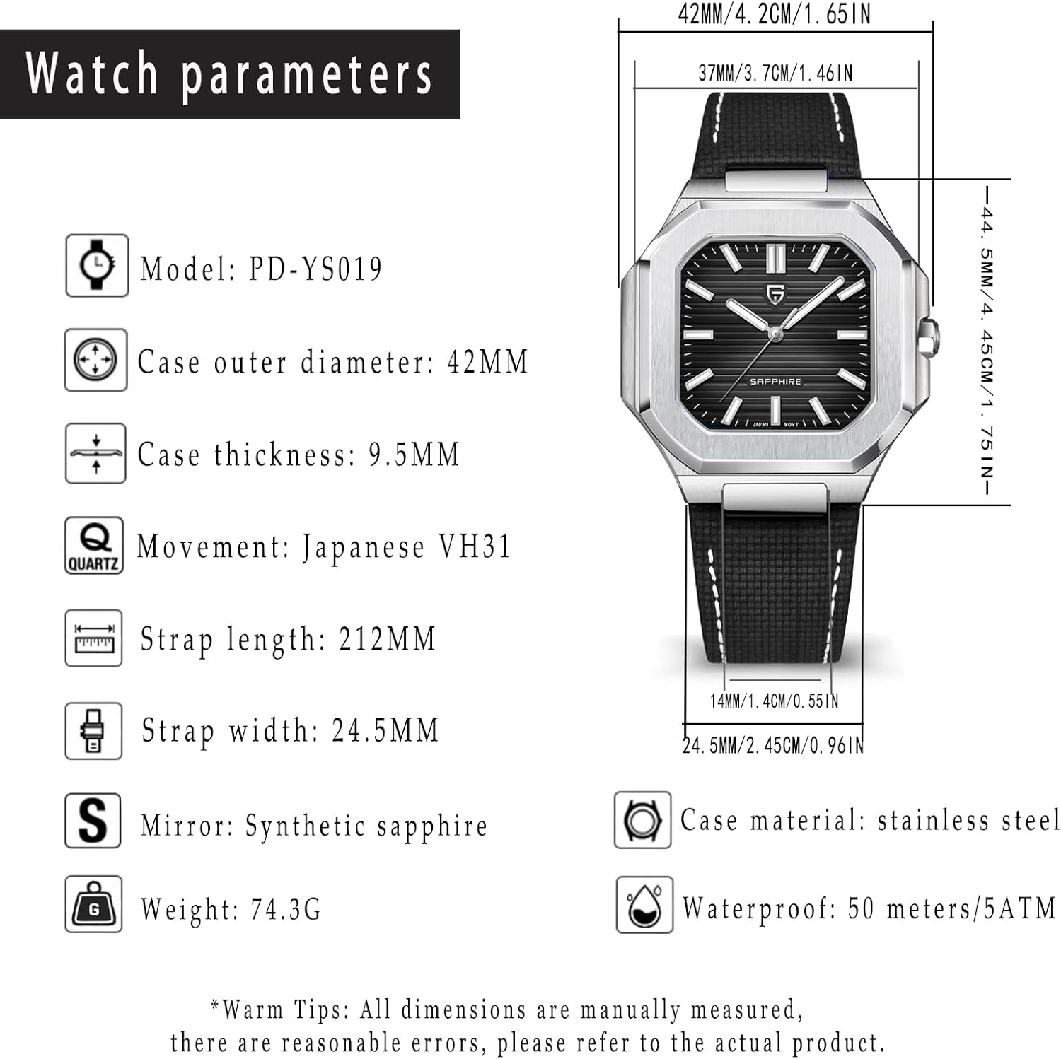 Pagani Design Fashion Men's 42mm Quartz Stainless Steel Watch Luminous Waterproof Simple Business Mechanical Sweep Seconds Timer