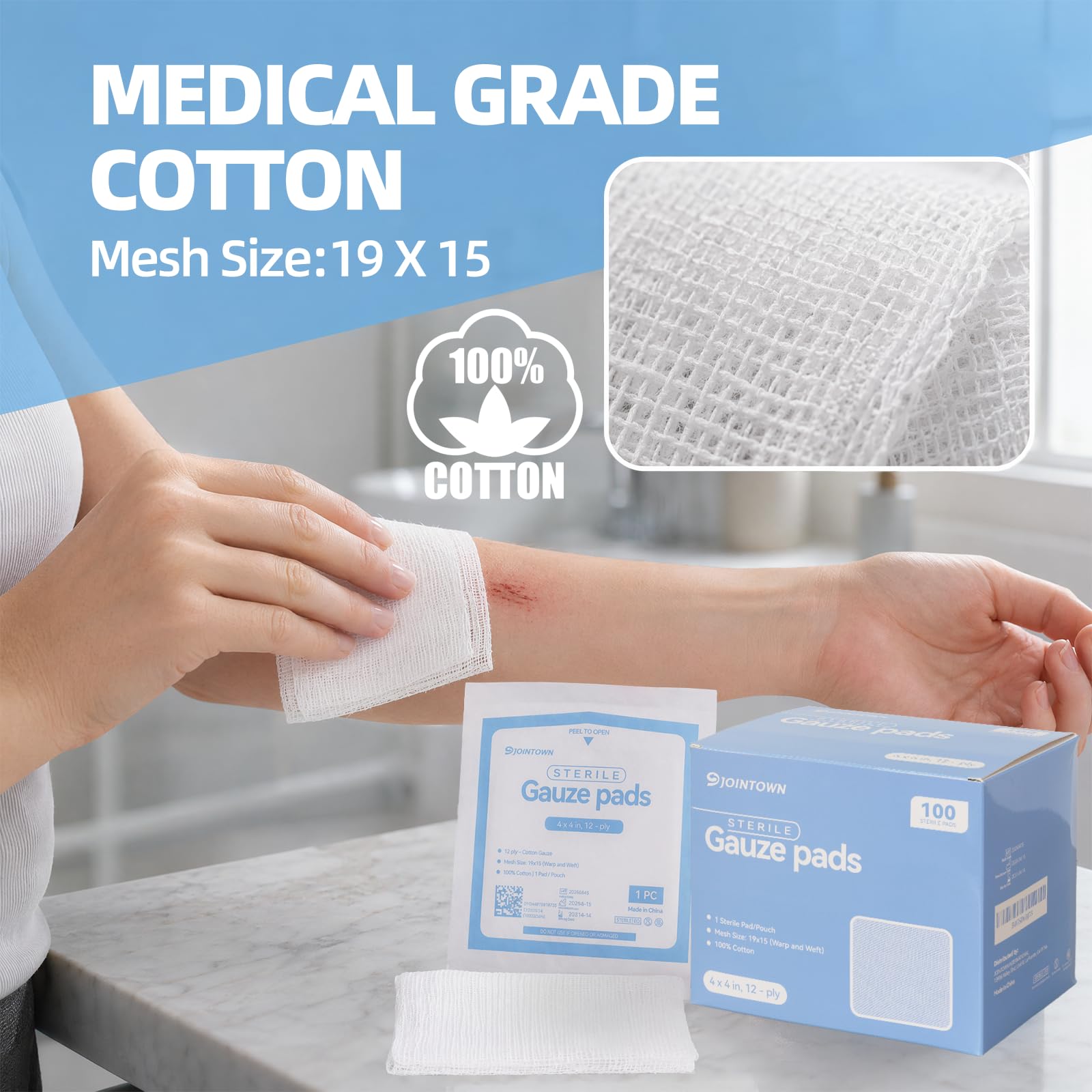 Jointown 100-Pack Sterile Gauze Pads 4x4 Inch, 100% Cotton Large 12-Ply Woven Gauze Sponges, Wound Care, Highly Absorbent Medical-Grade First Aid Dressing Pads — Amazon image 3
