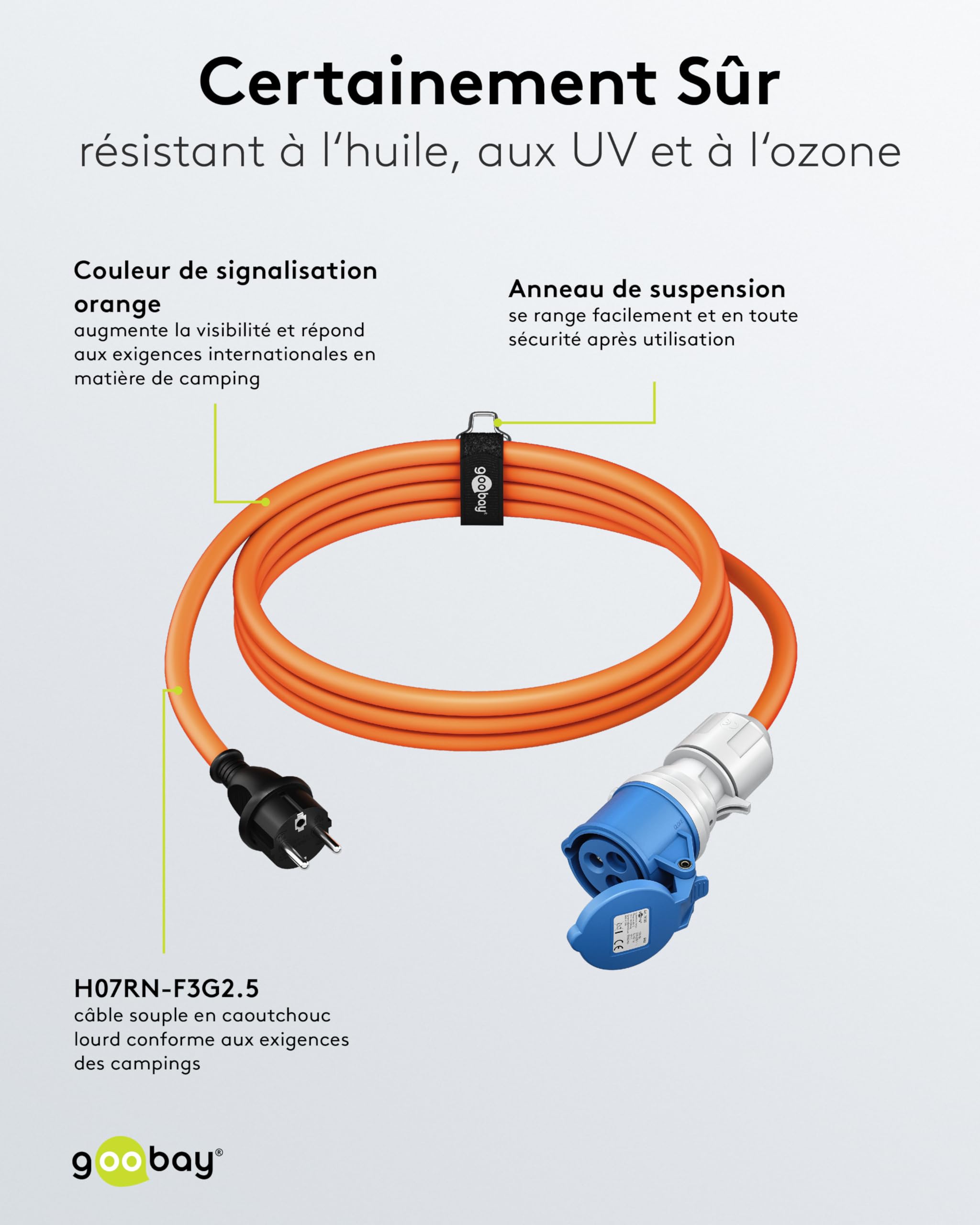 goobay Câble Adaptateur CEE pour Caravane, 5 m, Prise avec Contact de Protection vers Prise CEE avec Couvercle de Fermeture, IP44, câble de Camping, Camping-Car et Caravane 76219