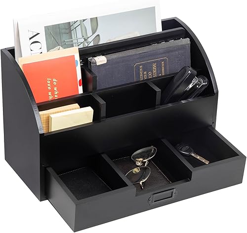 canwedance Organizador de escritorio de oficina de madera rústica envejecida, 5 compartimentos con 2 cajones y mostrador, estante de correo de