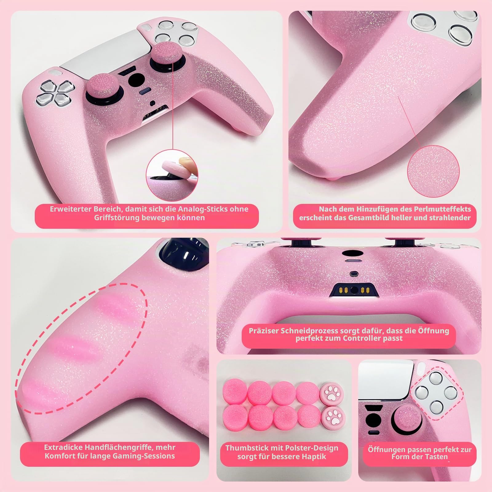 HLRAO rutschfeste Silikon-Schutzhülle mit Glitzer, kompatibel mit PS5/Slim/Pro Controller, 8 Stück Glitzer-Daumengriffkappen und 2 Griffkappen.