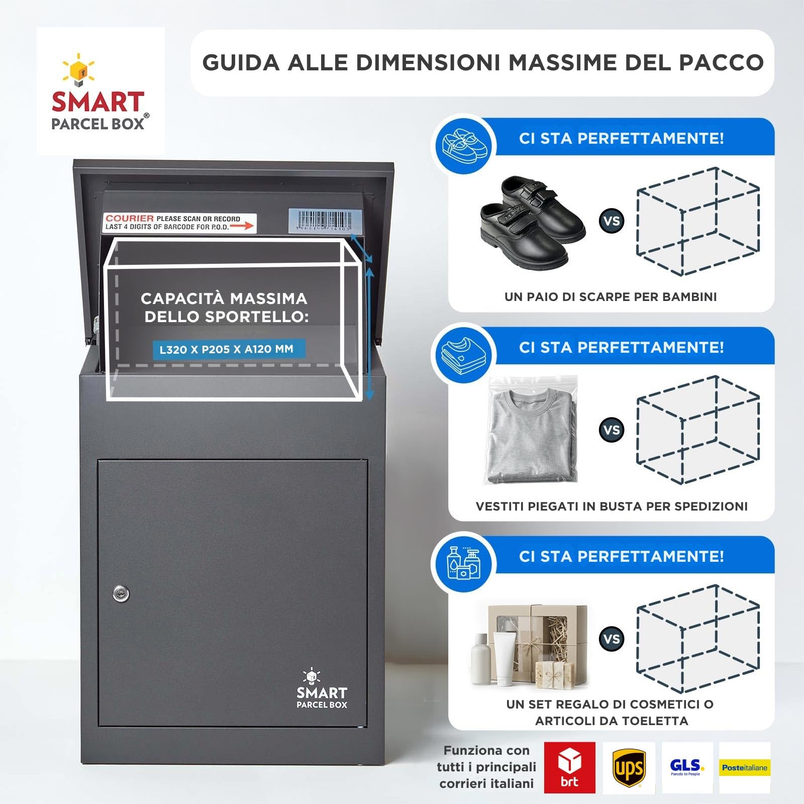 Smart Parcel Box - Cassetta per lettere/pacchi media Grigio scuro con accesso frontale in acciaio