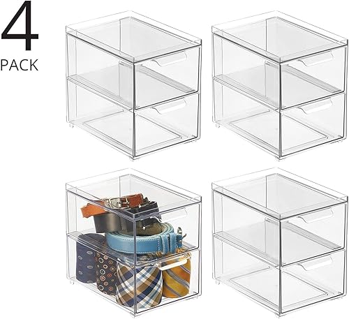 Vista 3 de mDesign Caja de almacenamiento apilable con 2 cajones extraíbles, contenedores apilables de plástico para organización de armarios, ropa de cama