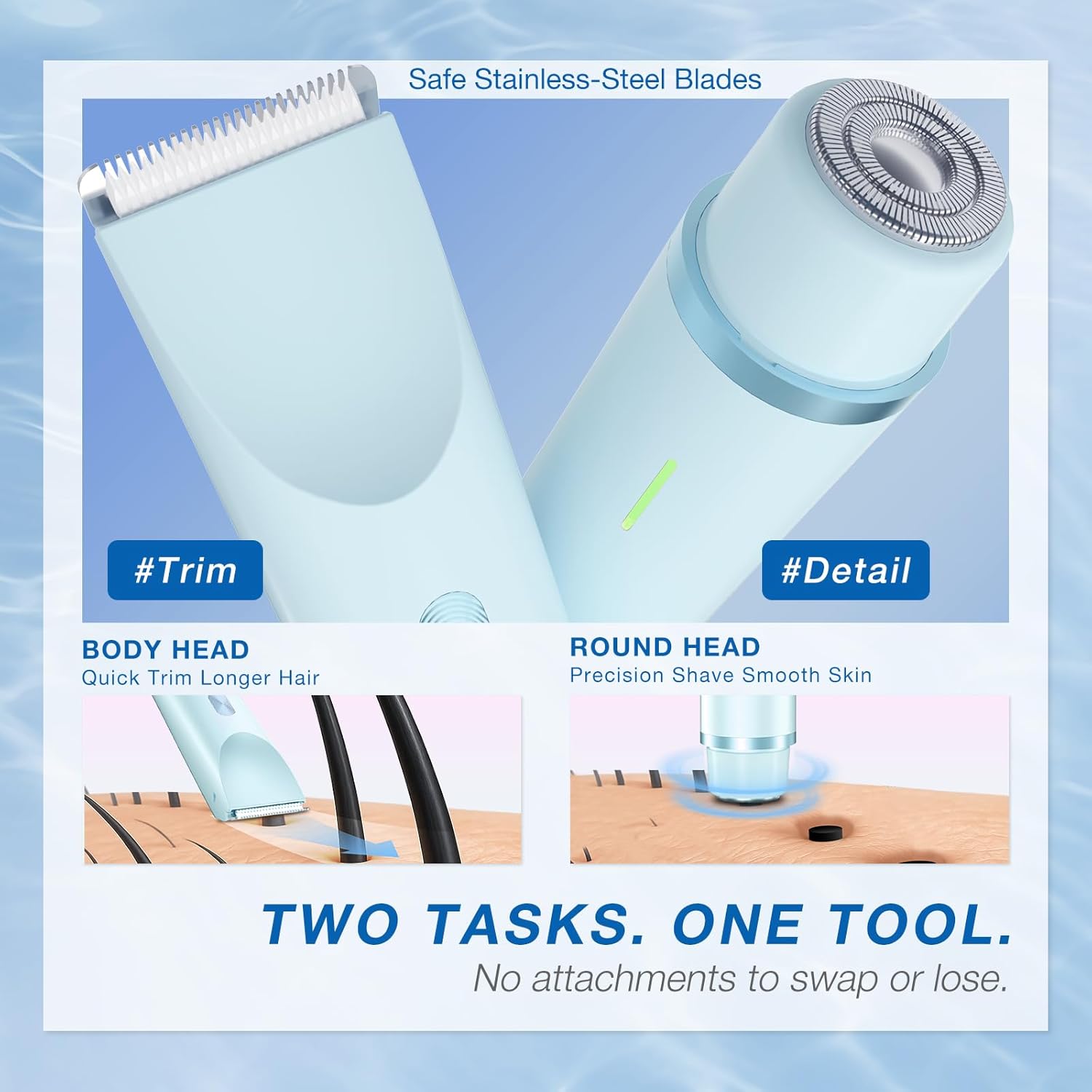 Bikini Trimmer for Women, Dual-Head Electric Body Hair Trimmer for Sensitive Areas, IP67 Waterproof Rinsable, USB-C Rechargeable Groomer for Bikini Line, Underarms, Legs & Face (Cloud Blue)