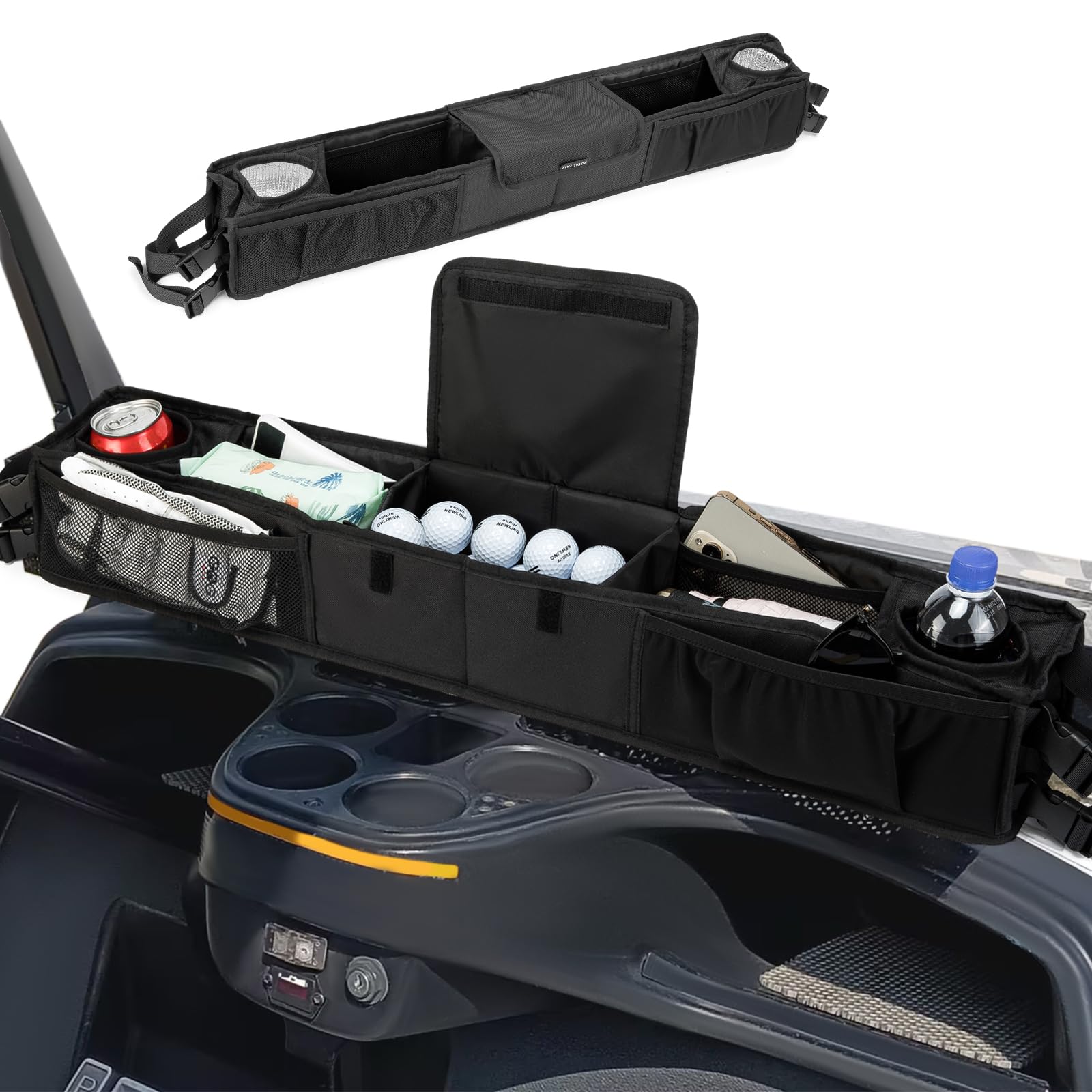 ROYALFAIR Golf Cart Front Storage Basket, with Insulated Cup Holders Golf Cart Storage,No Drilling Dashboard Tray Organizer,Compatible with Ezgo Drive