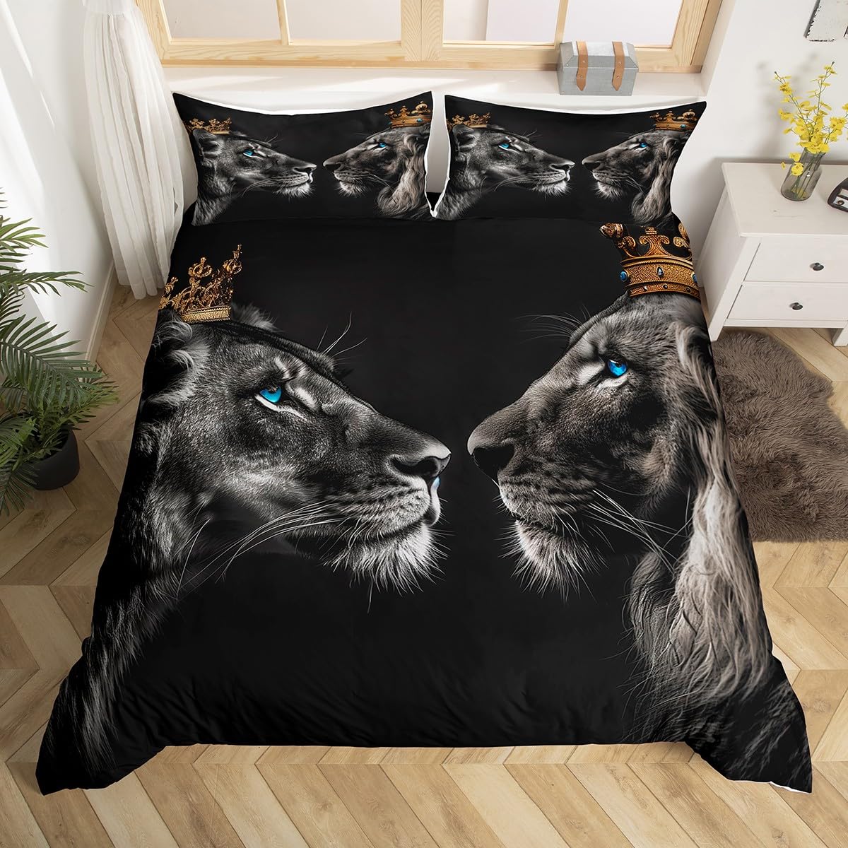 Loussiesd Lion Duvet Cover Super King Size Gold Queen and King Crown Print Bedding Set For Kids Safari Print Comforter Cover Set Wild Animal Black Bedspread Cover Room Decor Bedclothes Zipper