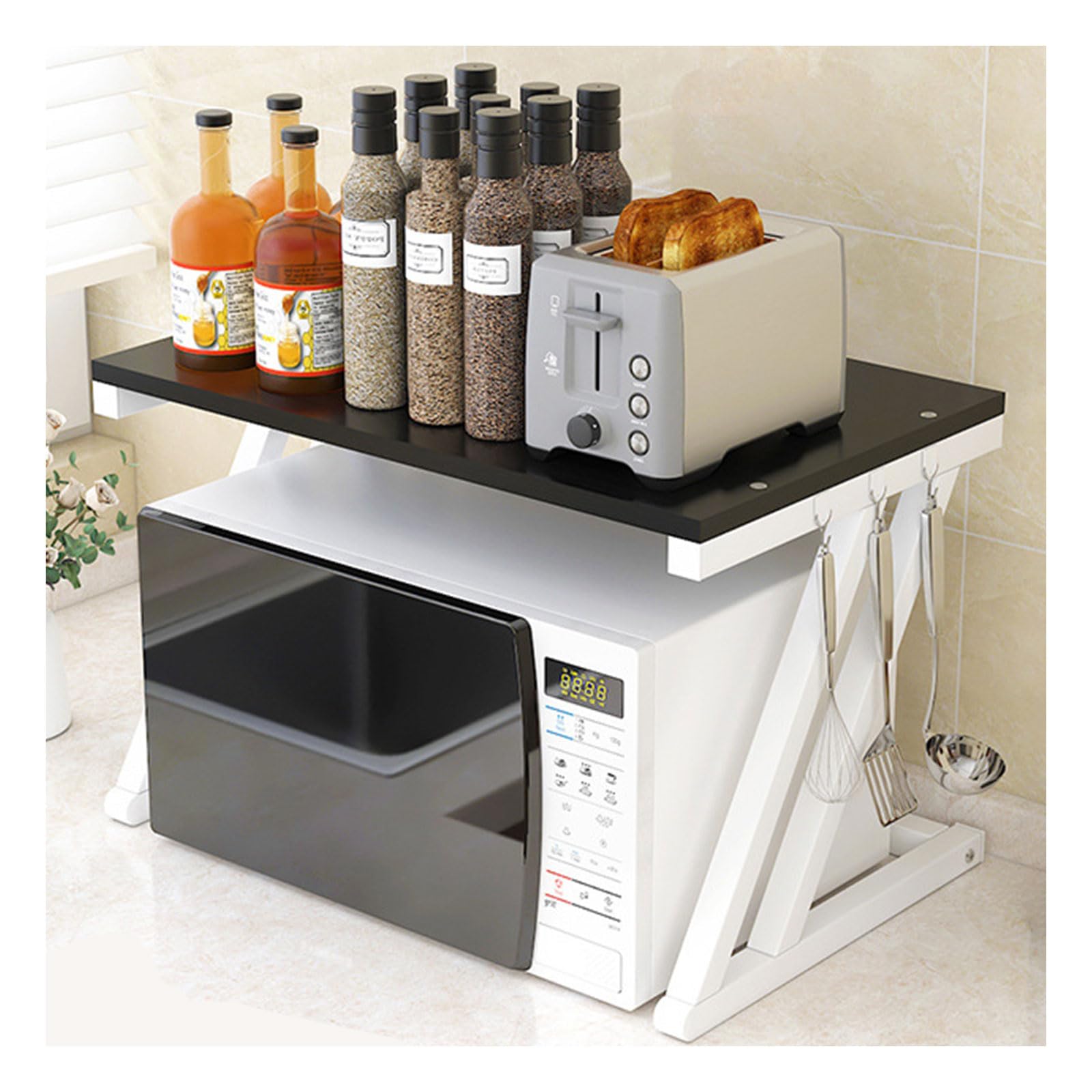 Dxcaicc Microwave Oven Rack,Expandable Microwave/Toaster Stand with Hooks,Adjustable Microwave Shelf for Countertop,Kitchen Supplies Tableware Storage,C