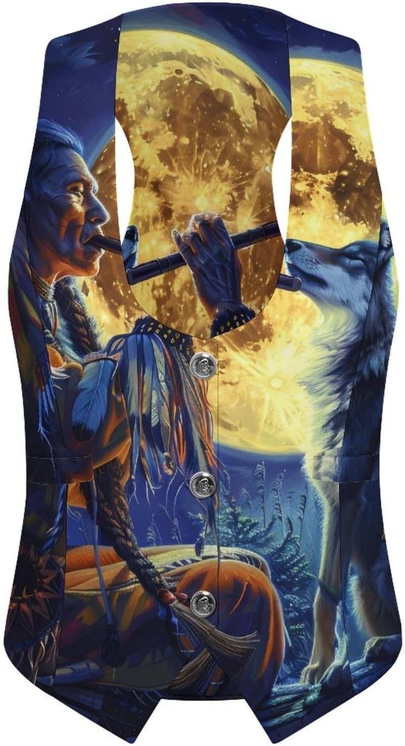Tribal Wolf Song Native Am-ericans Women's Suit Vest V Neck Button Down Waistcoat Jacket Business Casual Tops