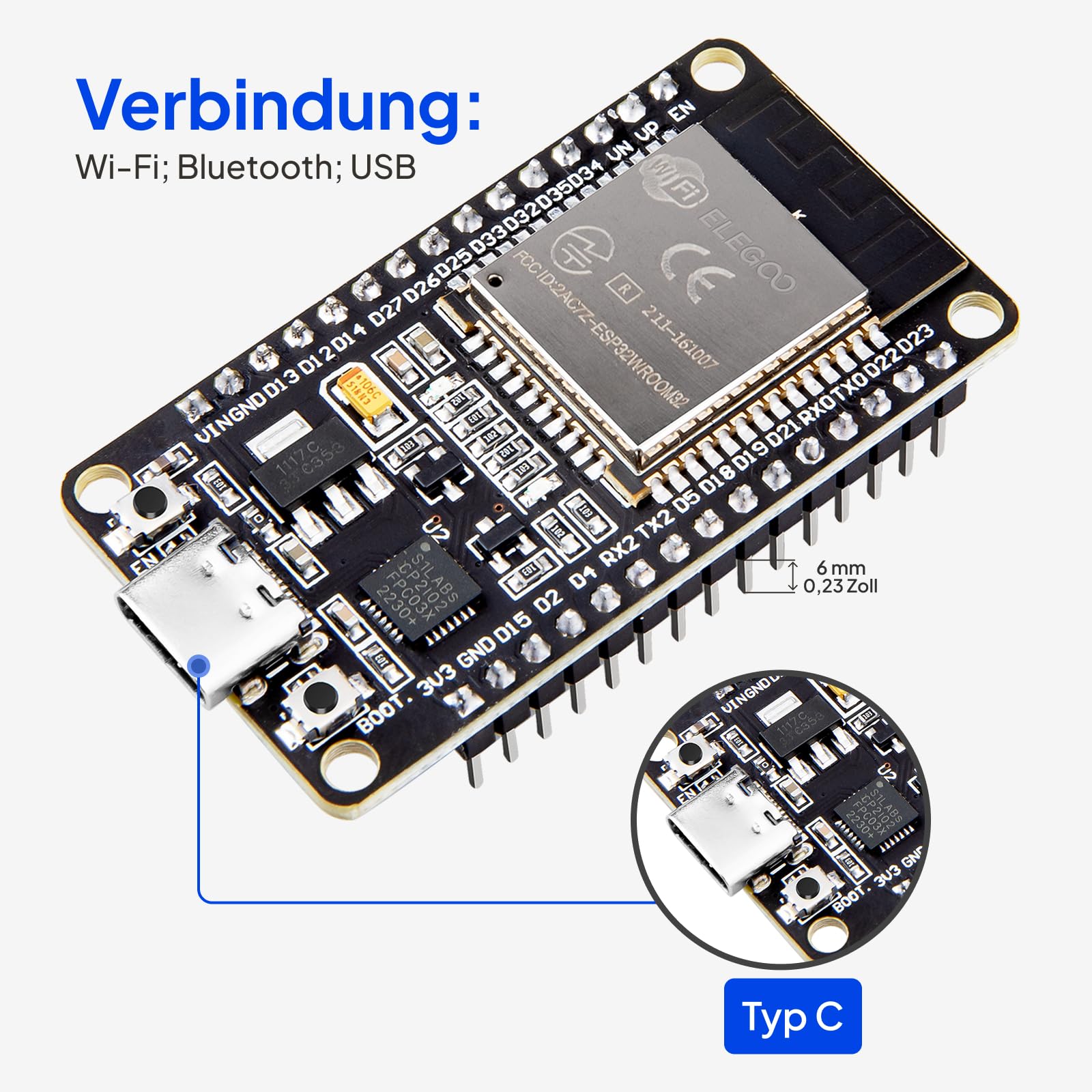 ELEGOO ESP-32 Super Starter Kit mit Tutorial und Entwicklungsboard USB-C Dual-Core-Mikrocontroller Unterstützung AP/STA/AP+STA, CP2102 Chip kompatibel mit Arduino IDE