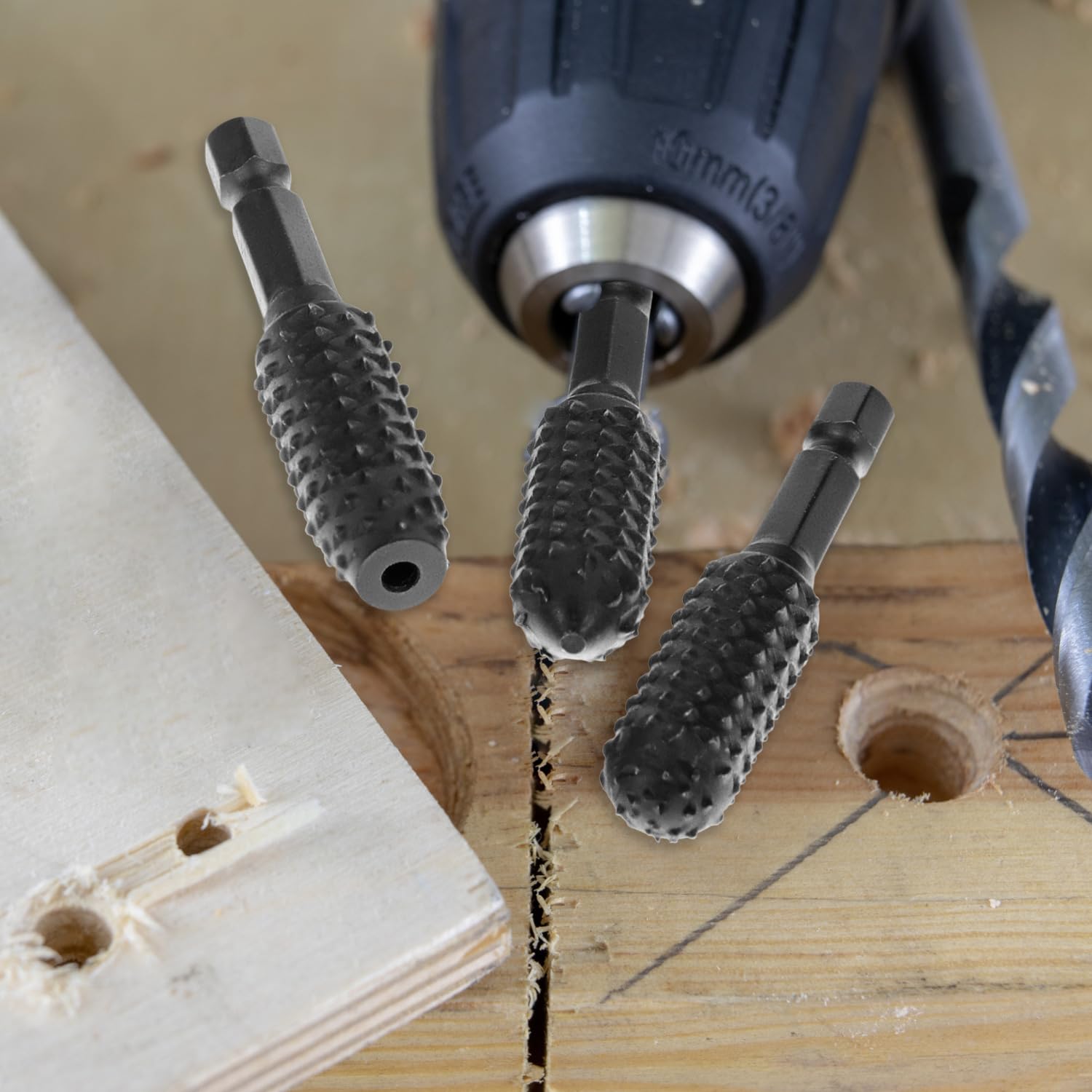 QWORK 10 Pieces Rotary Burr Wood Carving Rasp Files Set - 1/4" Hex Shank, Precision Milled, for Wood Plastic Engraving Deburring — Amazon image 3