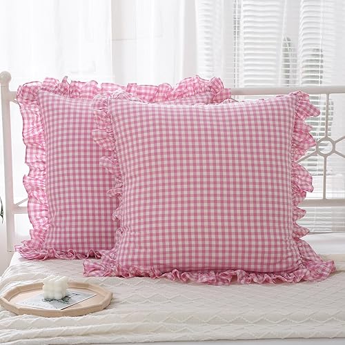 Miniatura 75 de Paquete de 2 fundas de almohada europeas a cuadros azul polvoriento, blanco, a cuadros, 100% algodón lavado, a cuadros, estilo francés, rústico