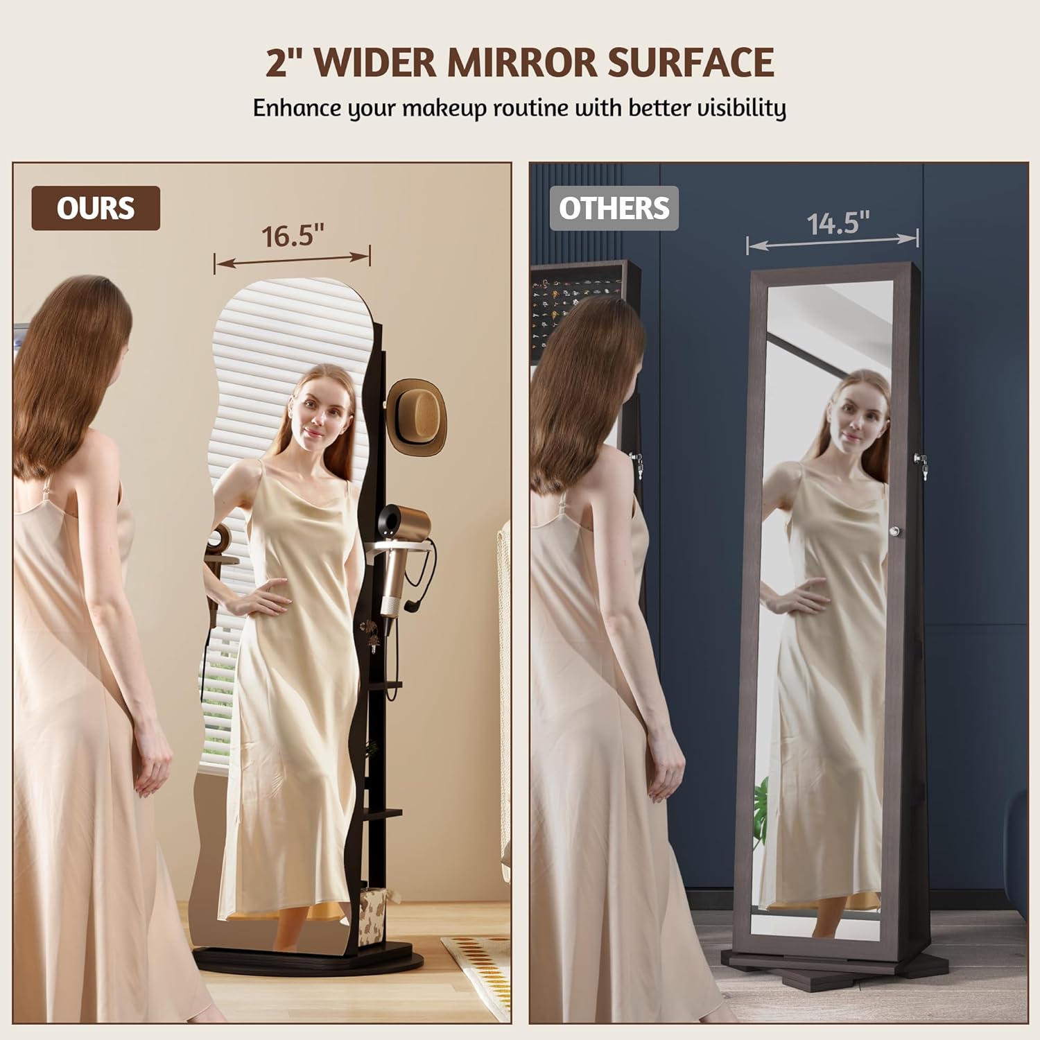 Vlsrka 360° Swivel Jewelry Aromire with Wavy Mirror, Lockable Jewelry Organizer Mirror Full Length, Rotatable Standing Mirror with Storage, Jewelry Cabinet, Interior Mirror, Flodable Shef, Black