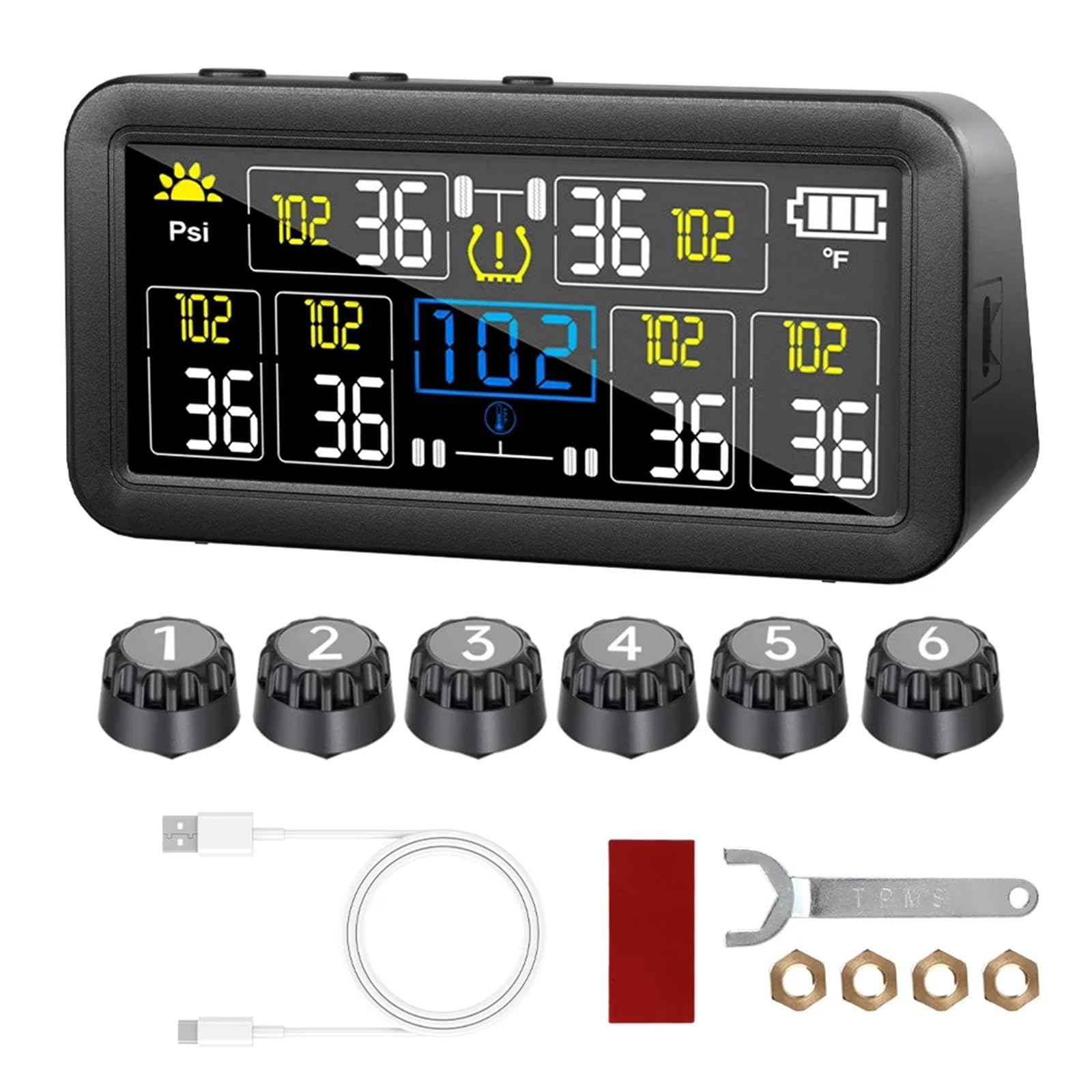 Alarm ciśnienia w oponach samochodu Solar TPMS Wodoodporny 4/6 Zewnętrznych czujników Cyfrowy wyświetlacz LCD 0~9,9 Bar Ciężarówka RV(6 sensor external)