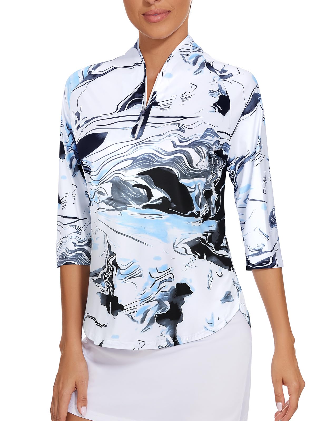 FlikityWomens Golf Tops Quick Dry 3/4 Sleeve Quarter Zip Polo Workout Tops Tennis Running T Shirts S-XXL