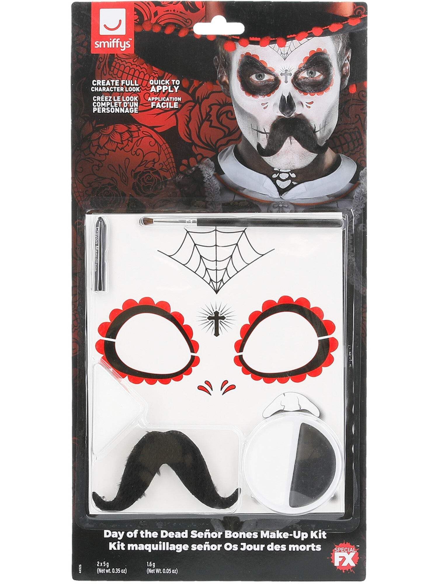 Smiffys Make-Up FX, DOTD Se?or Bones Kit, Grease, Black & White, Transfers, Face Paint, Crayon, Tash & Applicators