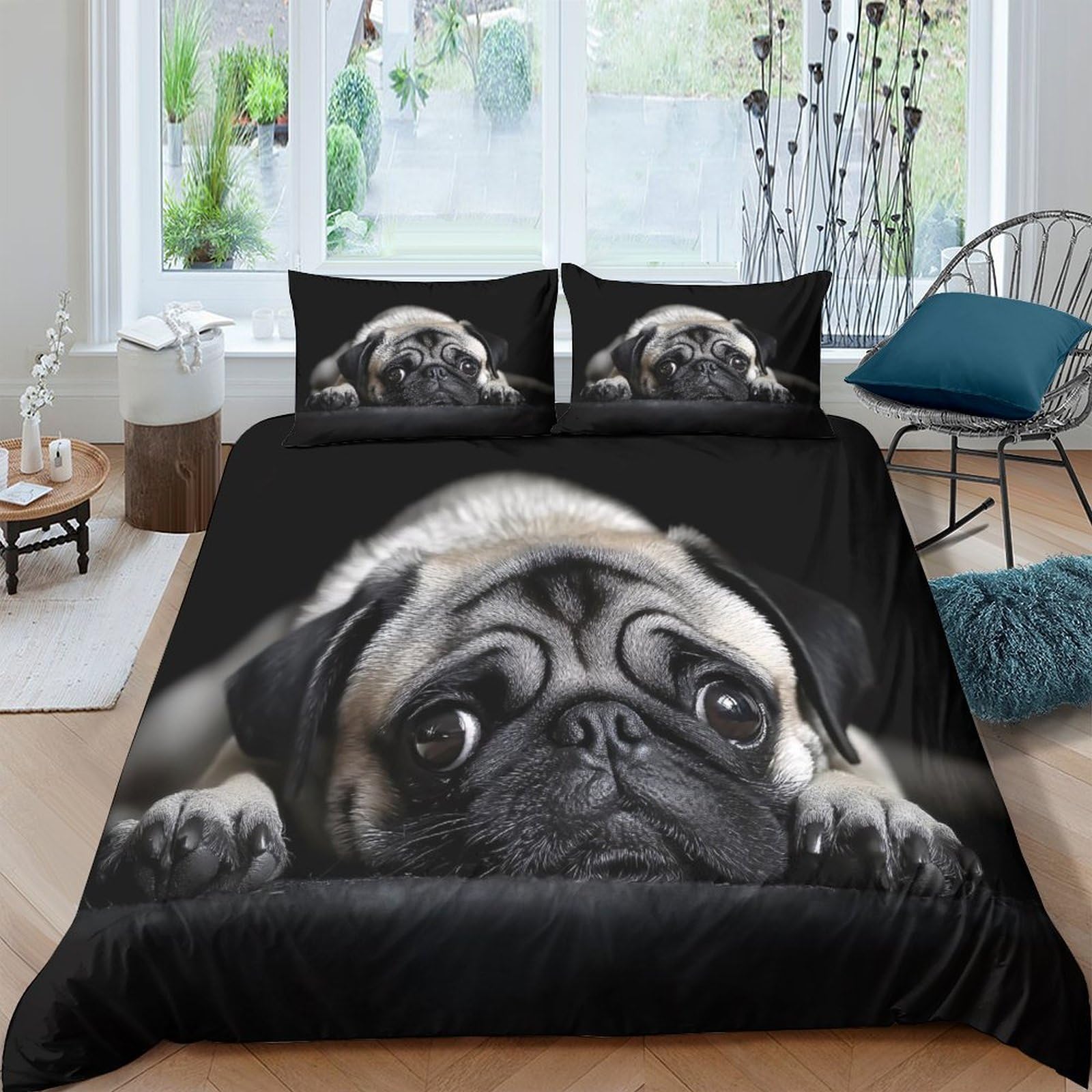 Ctjqhvkz Style-2 3D Printed Pug Face Fitted Sheet Microfiber Soft Black Dog Bed Cover For Bedroom Guest Room Mattress Protection Decor Single（135X200cm）