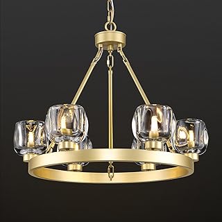 Gold Wagon Wheel Chandelier, 24 Inch Brass Chandeliers with Unique Glass...