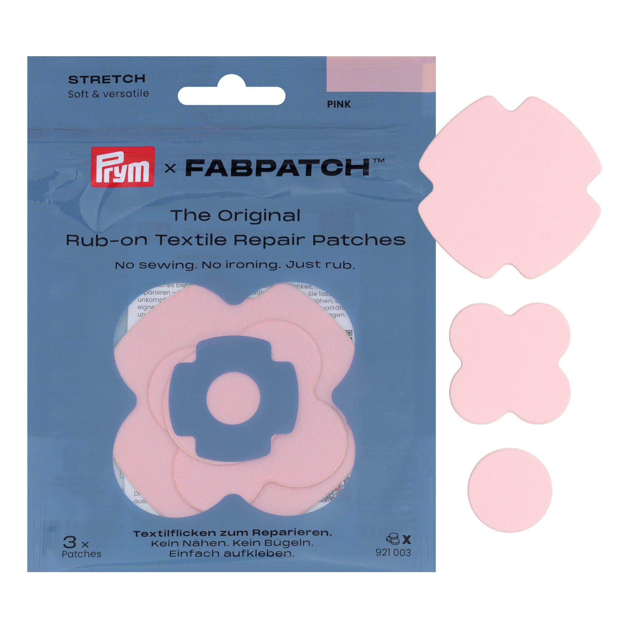 Prym 921003 FabPatch Stretch Rub-on Patch Pink (Pack of 3) - Self-Adhesive Bi-Elastic Repair Patches for Sportswear, Leggings, Jackets & Trainers - Textile Repair Without Sewing & Ironing