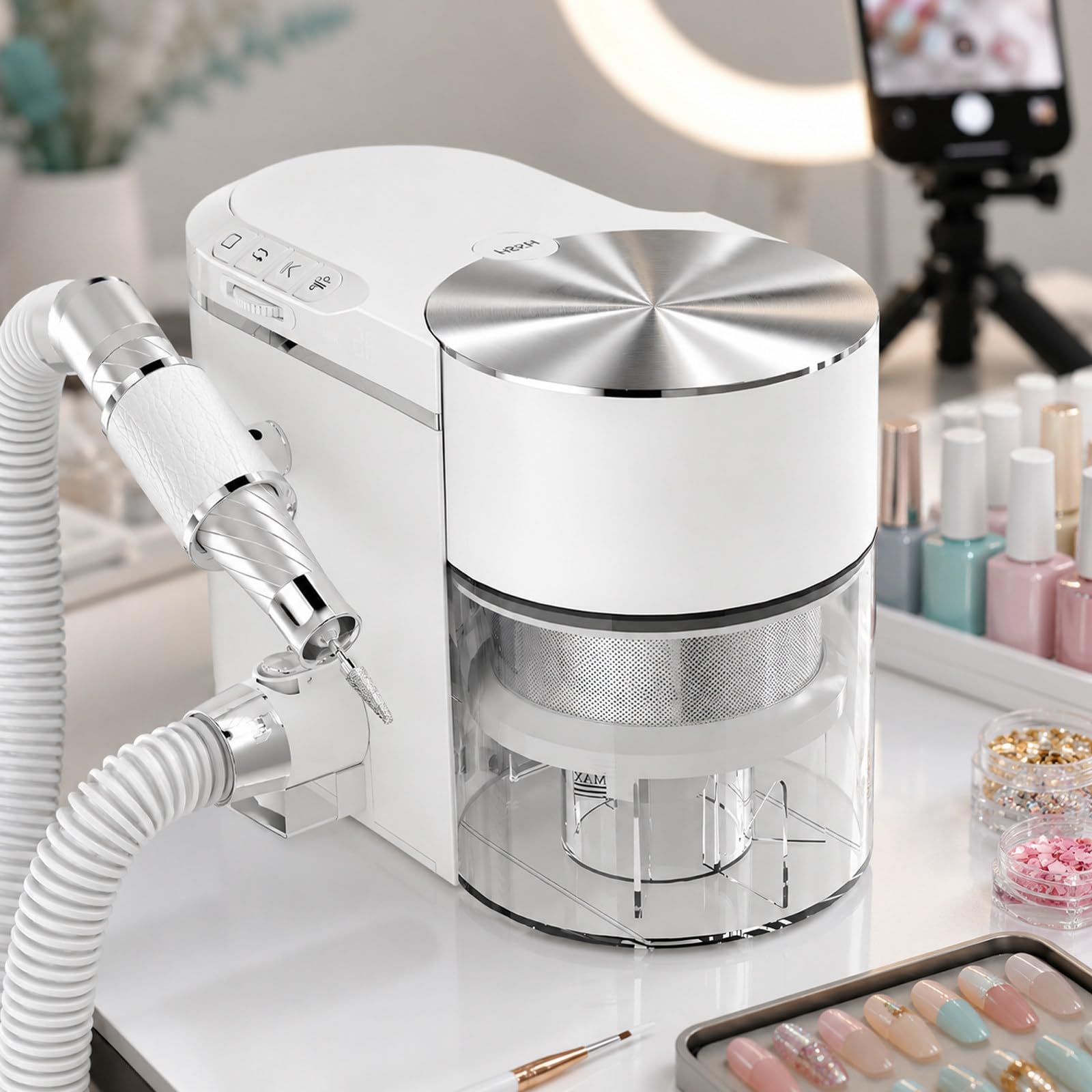 Aspiratore E Fresa Elettrica per Unghie, Pannello di Controllo a 4 Pulsanti, Macchina Professionale per Manicure (Ideale per Onicotecniche), Bassa Rumorosità (68 Db)