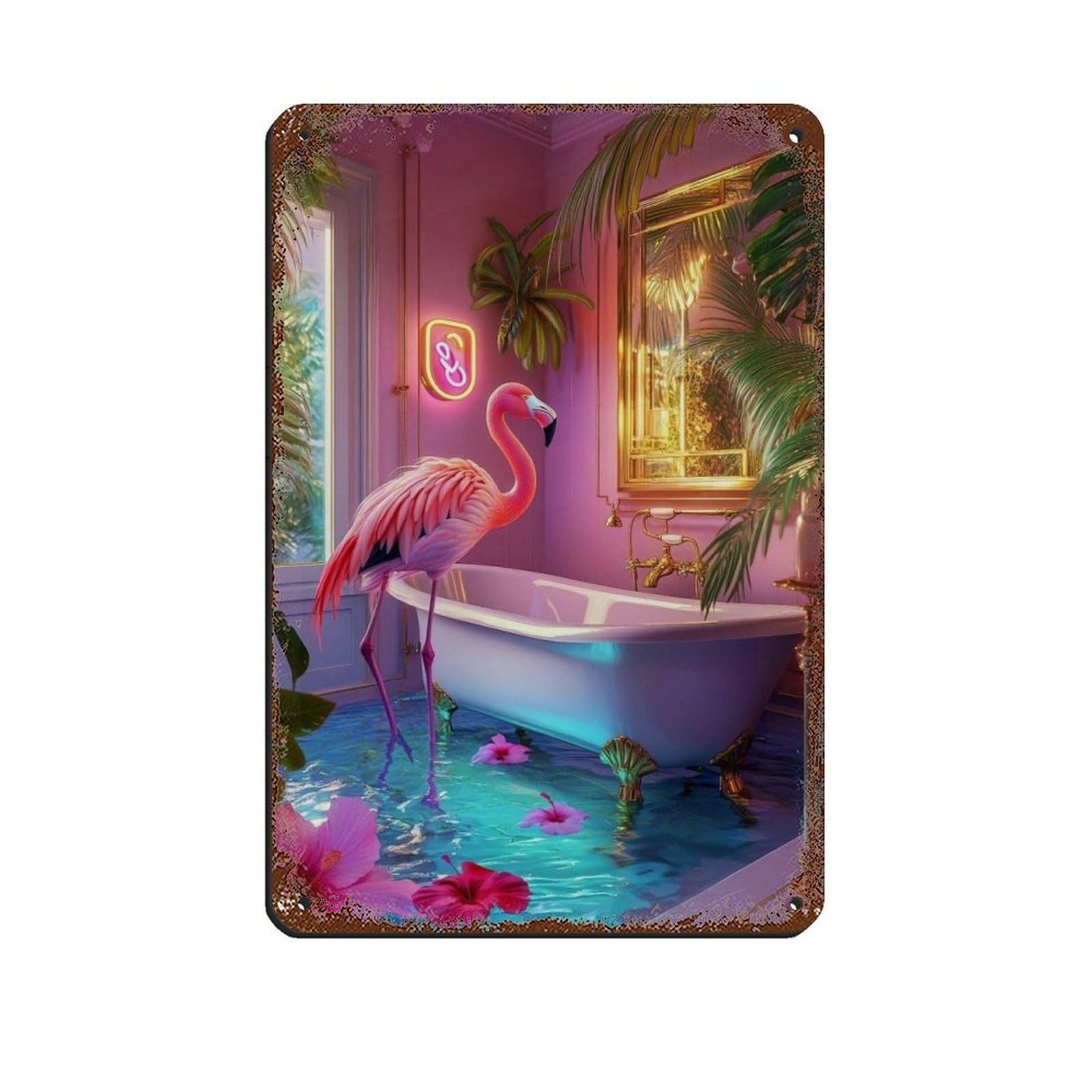 Flamingo in Tropical Bathroom Tin Sign Vintage Metal Pub Club Cafe Bar Home Wall Art Decoration Poster Retro 8x12inch(20x30cm)