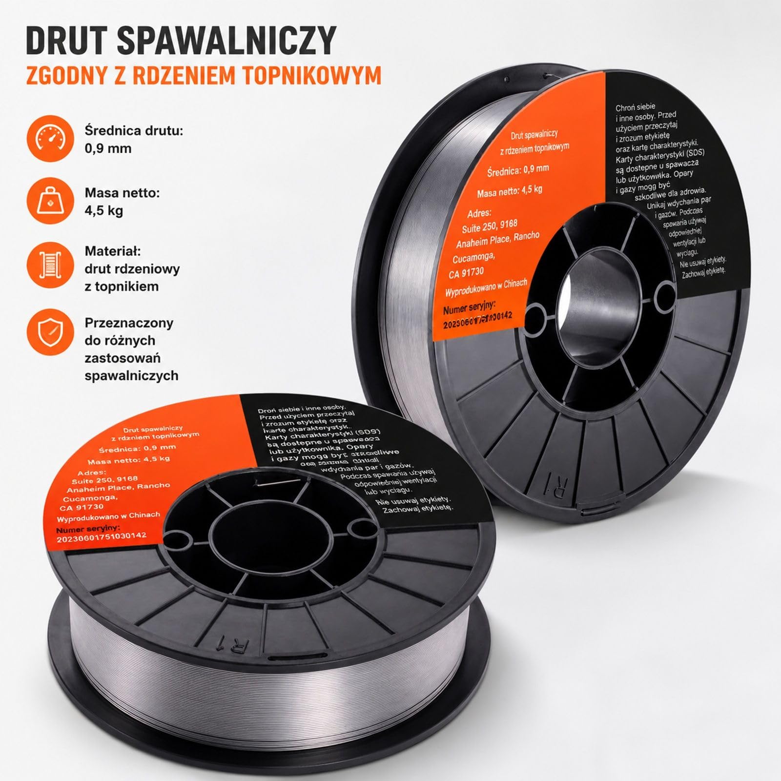 Drut proszkowy MIG, 1 rolka, 0,9 mm, 4,5 kg, szpula 200 mm do spawania MAG