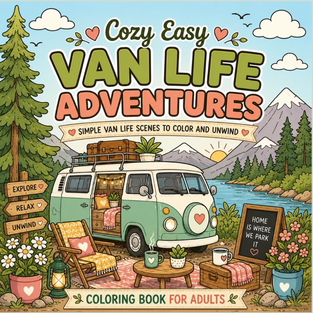 Cozy Easy Van Life Adventures: Simple Van Life Scenes to Color and Unwind for Adults Featuring Cozy Campers, Peaceful Landscapes, Campfires, Mountain Views, and Relaxing Road Trip Moments