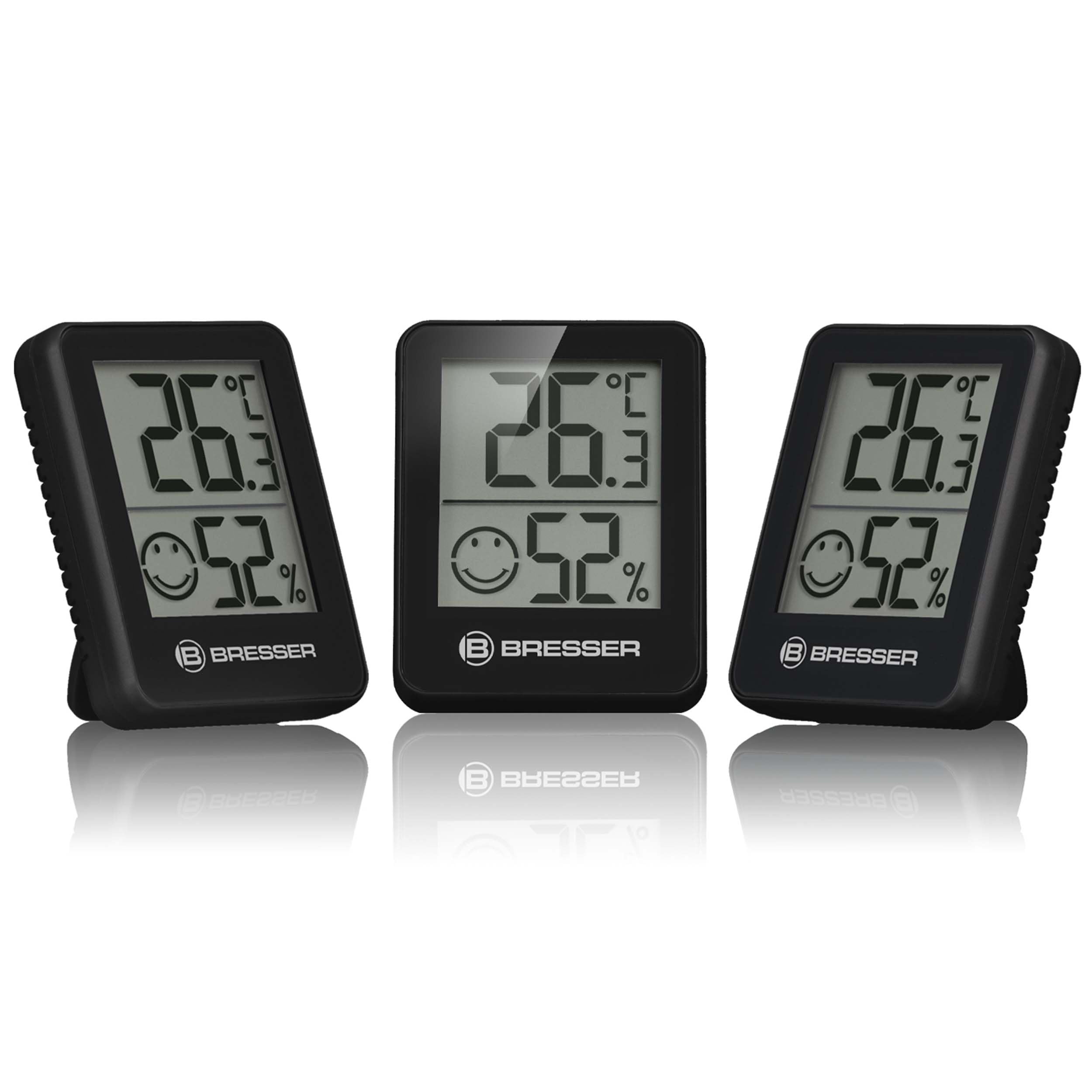 Bresser 3er Set Thermometer Hygrometer - Digitales Raumthermometer für Kontrolle Innenraum Luftfeuchtigkeit, Kühlschrankgeeignet, Wandmontage und Magnet, Schimmelvorbeugung - Indikator Smiley, Schwarz