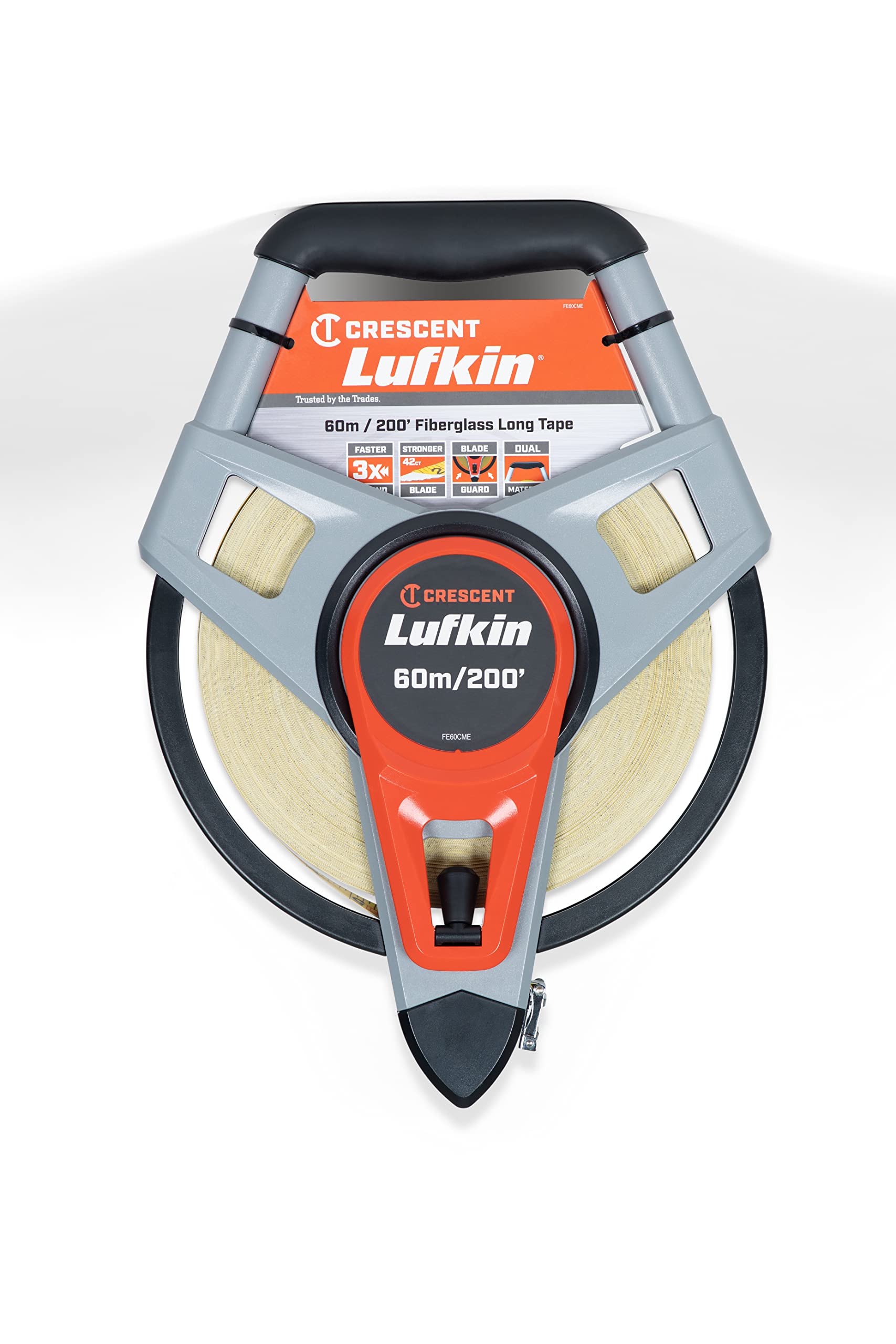 Lufkin FE60CME Cinta Métrica de Fibra de Vidrio, 60 mx 19 mm / 200 'x 3/4" con Marcas Métricas e Imperiales y Relación de Transmisión de Retorno de 3 a 1