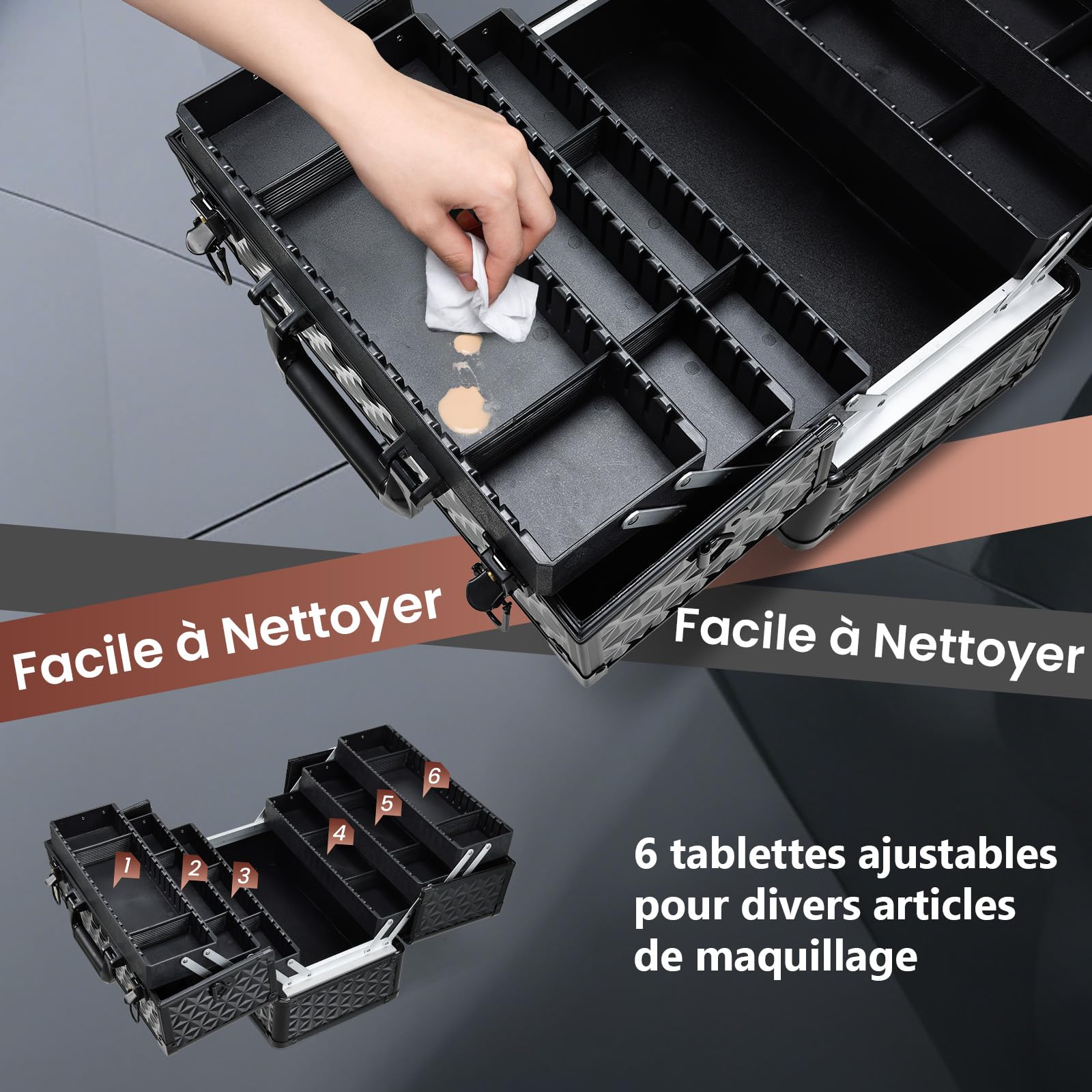 Joligrace Mallette de Maquillage Professionnelle Valise Maquillage Coffre de Rangement, Diviseurs DIY, Bretelle & Clé, Noir Élégant - 3