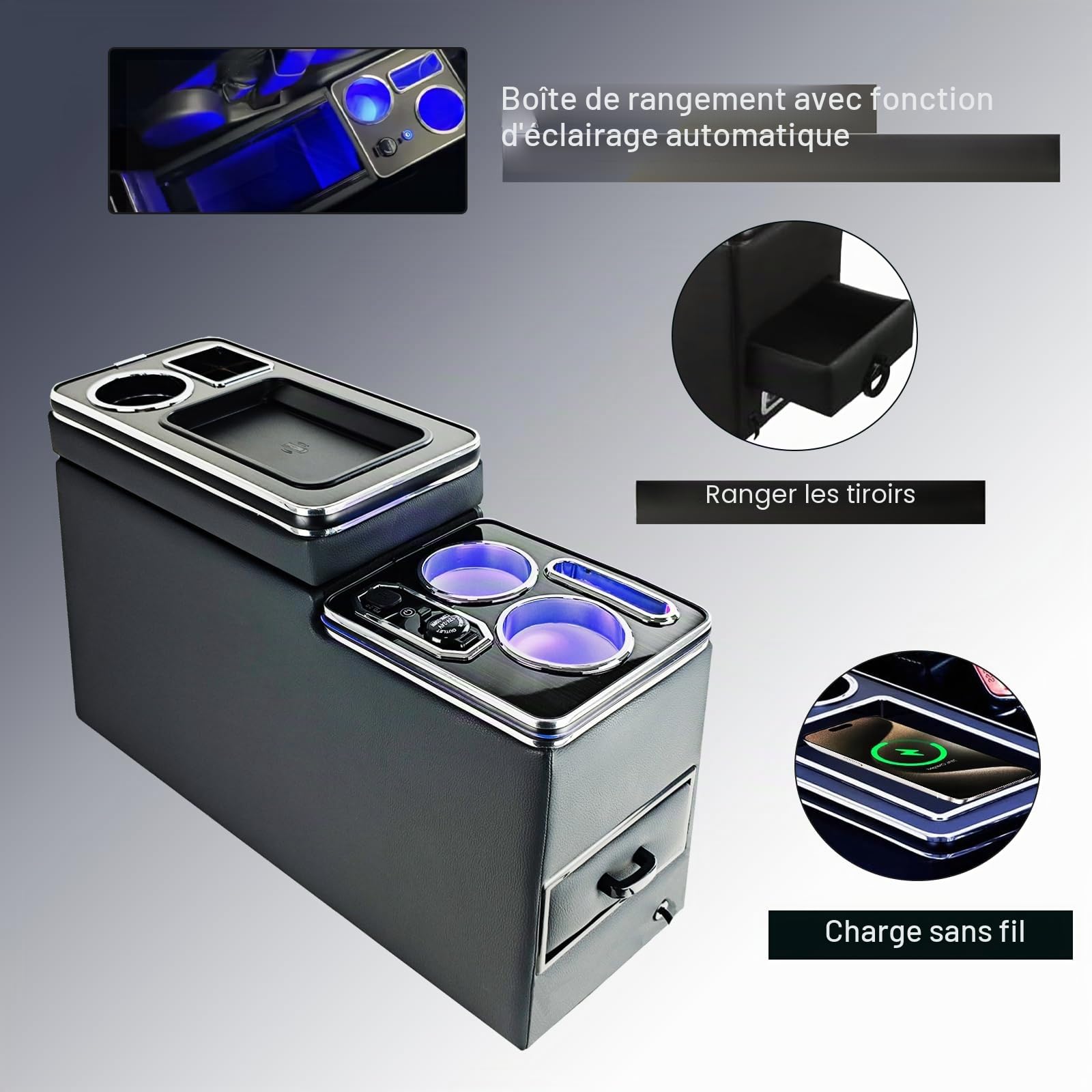Console Centrale avec Lampe LED 7 Couleurs et Recharge Inductive Sans Fil Compatible VW T4 T5 T6 T7 t6.1 2003-2019, Accoudoirs avec USB et Lampes LED Accessoires en Cuir, Noir
