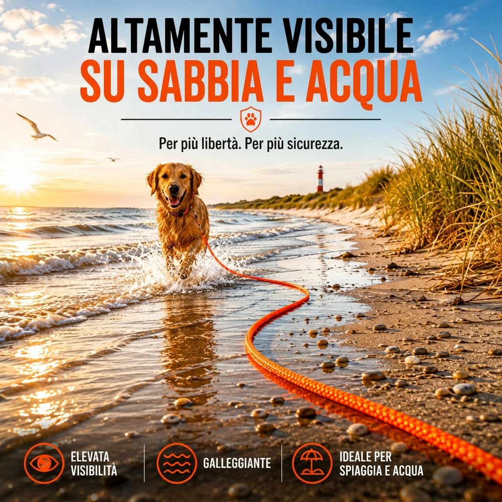 Guinzaglio galleggiante per cani, senza cinturino da polso, 10 m, arancione brillante, robusto guinzaglio da campo con moschettone girevole, carico di trazione 230 kg, guinzaglio da addestramento per