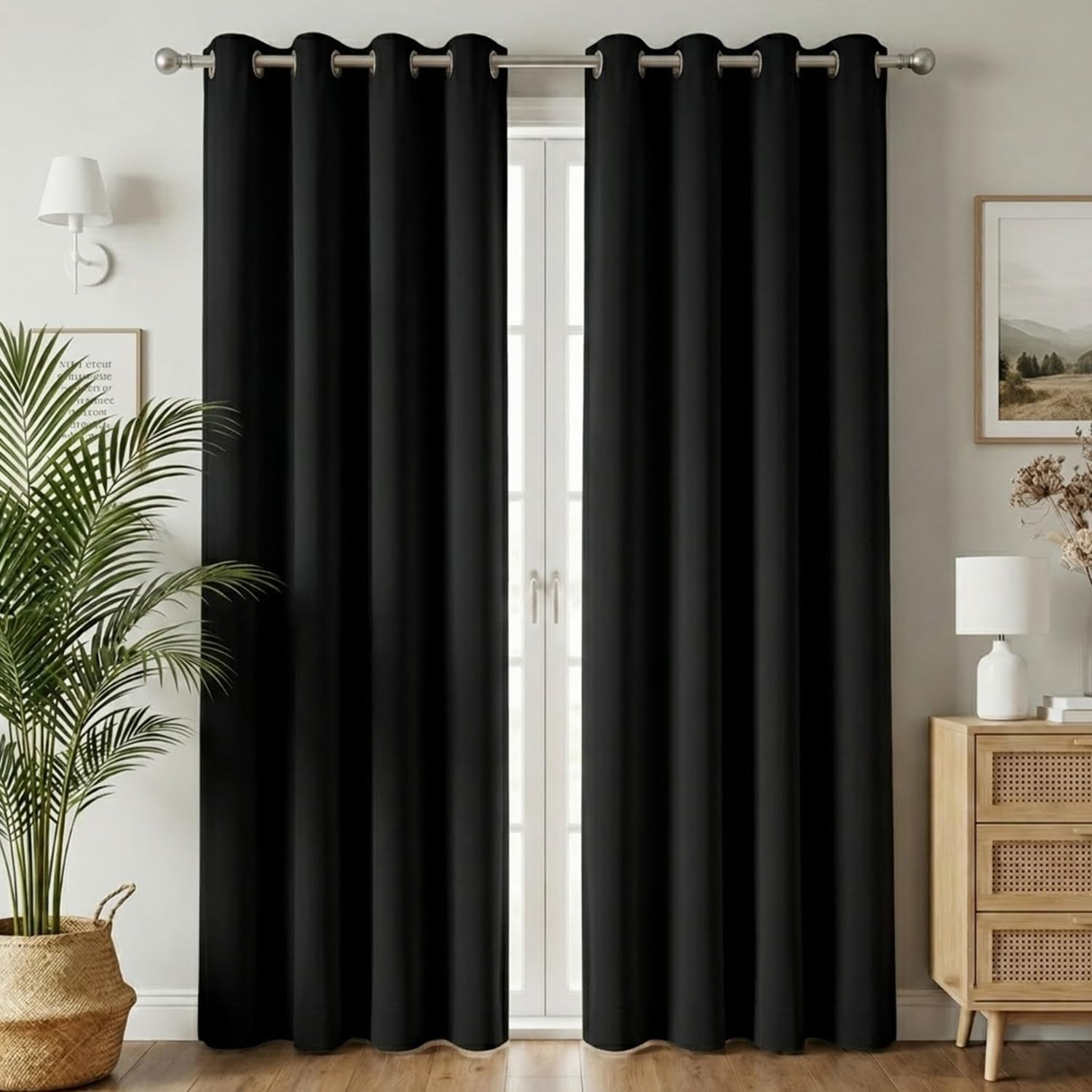 100% Blackout Window Curtains, 7 Feet, Solid Design, Faux Silk, Thermal Insulated, Noise Reducing Eyelet Door Curtain with Tie Back for Living Room & Bedroom, 115x210cm, Pack of 1 - Black
