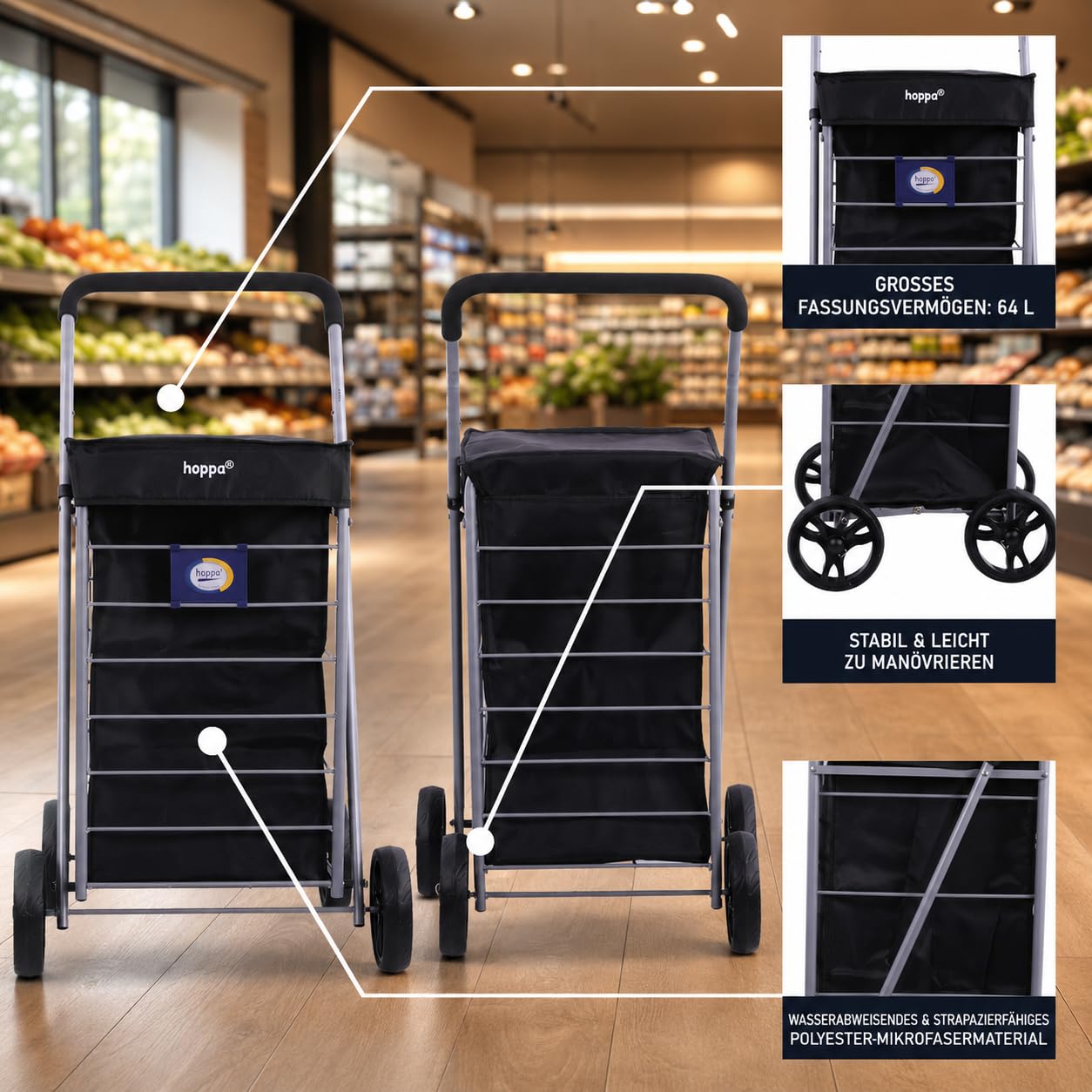 Hoppa Leichtgewichtiger 4-Rädiger Premium 2024 Modell Faltbarer Einkaufswagen Extra Große 64l Kapazität Einkaufswagentasche, 95cm, 4.8kg, Schieb/Zieh Treppensteiger (Schwarz)